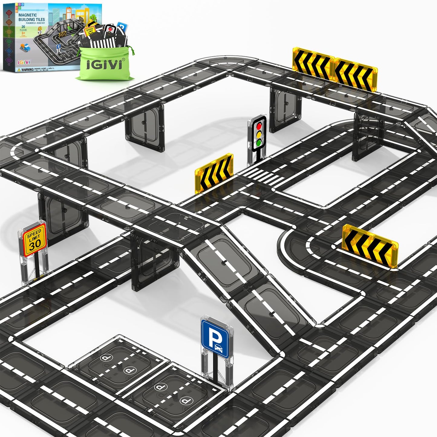 IGIVI Magnetic Tiles Road Set – STEM Building Toys for Kids 3–8