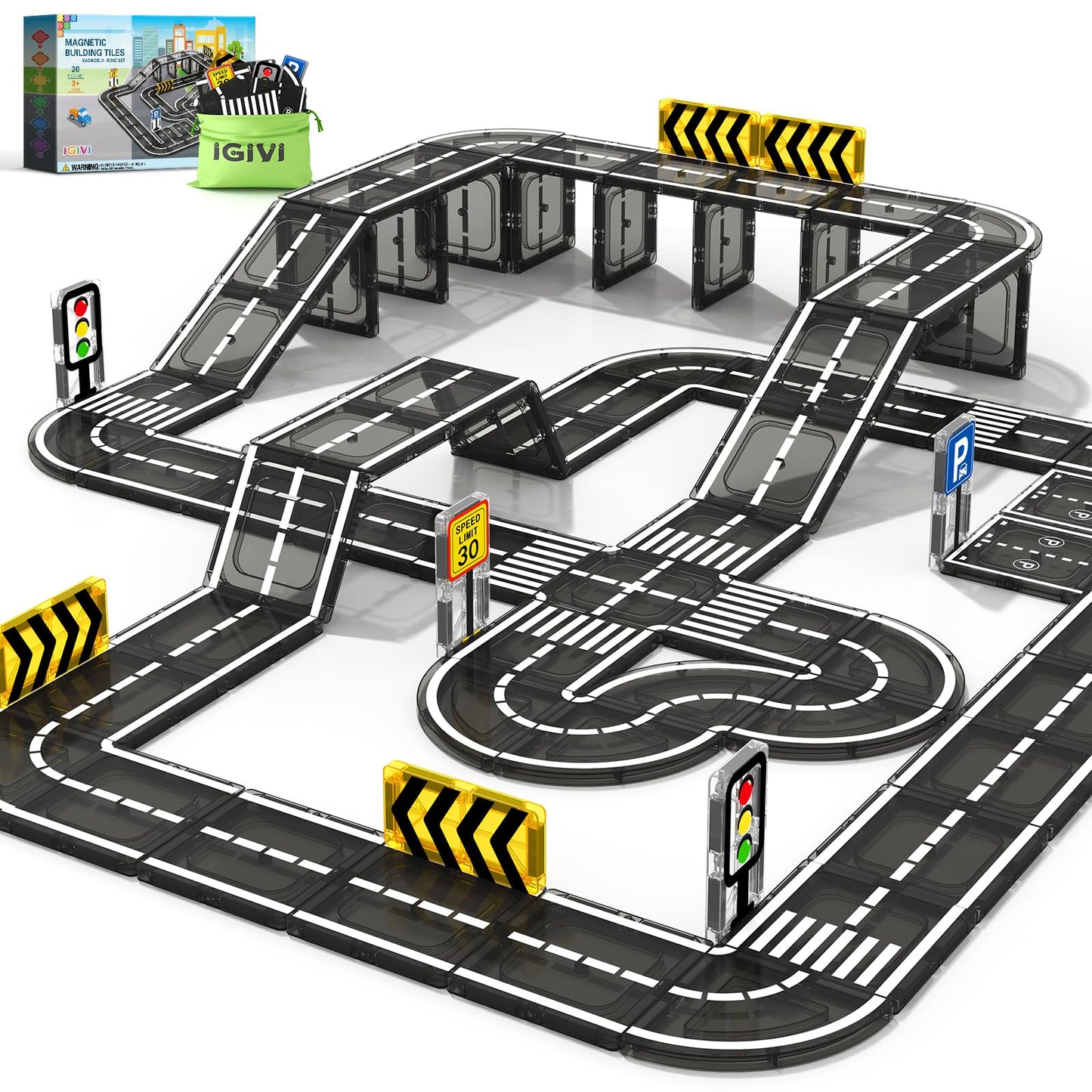 IGIVI Magnetic Tiles Road Set – STEM Building Blocks for Kids Aged 3-5 | Creative Road Toys