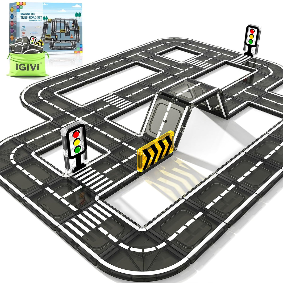 IGIVI Magnetic Tiles Road Expansion Pack – STEM Building Blocks for Kids 3+