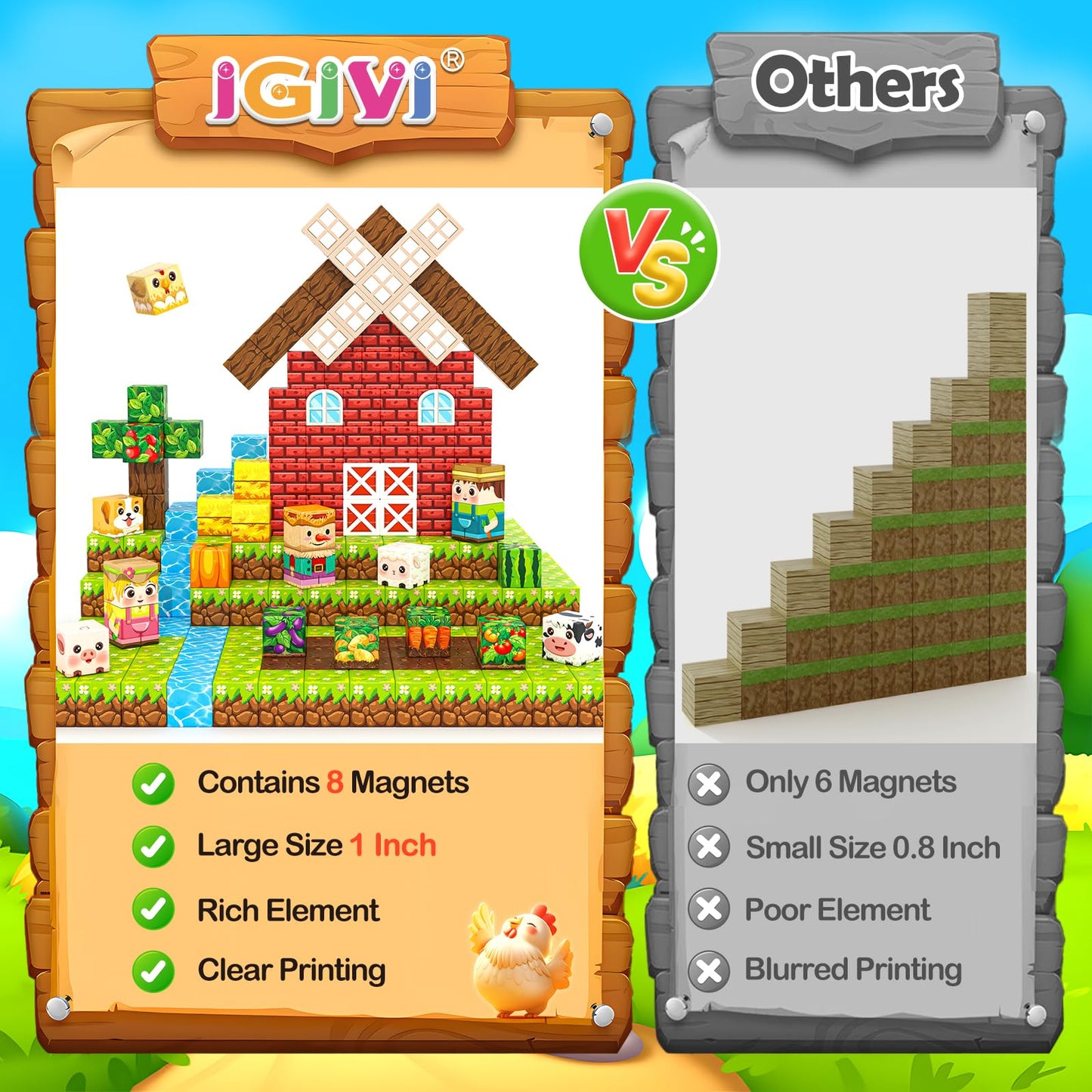 IGIVI 1in Magnetic Blocks – Farm Animals Set, 100PCS | Colorful STEM Toy for Kids 3+
