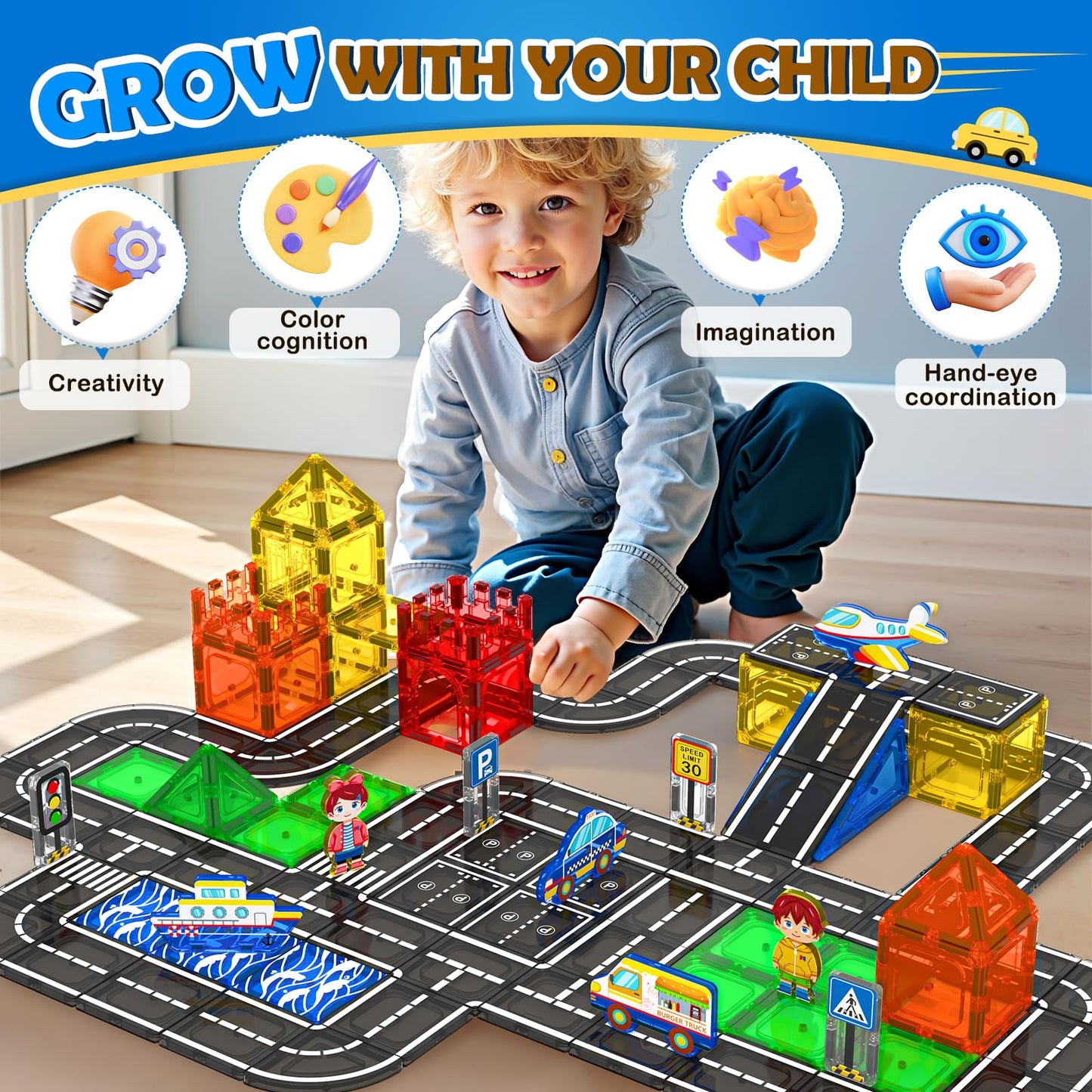 IGIVI 112PCS Magnetic Tiles Road Set — Vibrant Colors & Ultra Magnet Strength for 3+ Kids