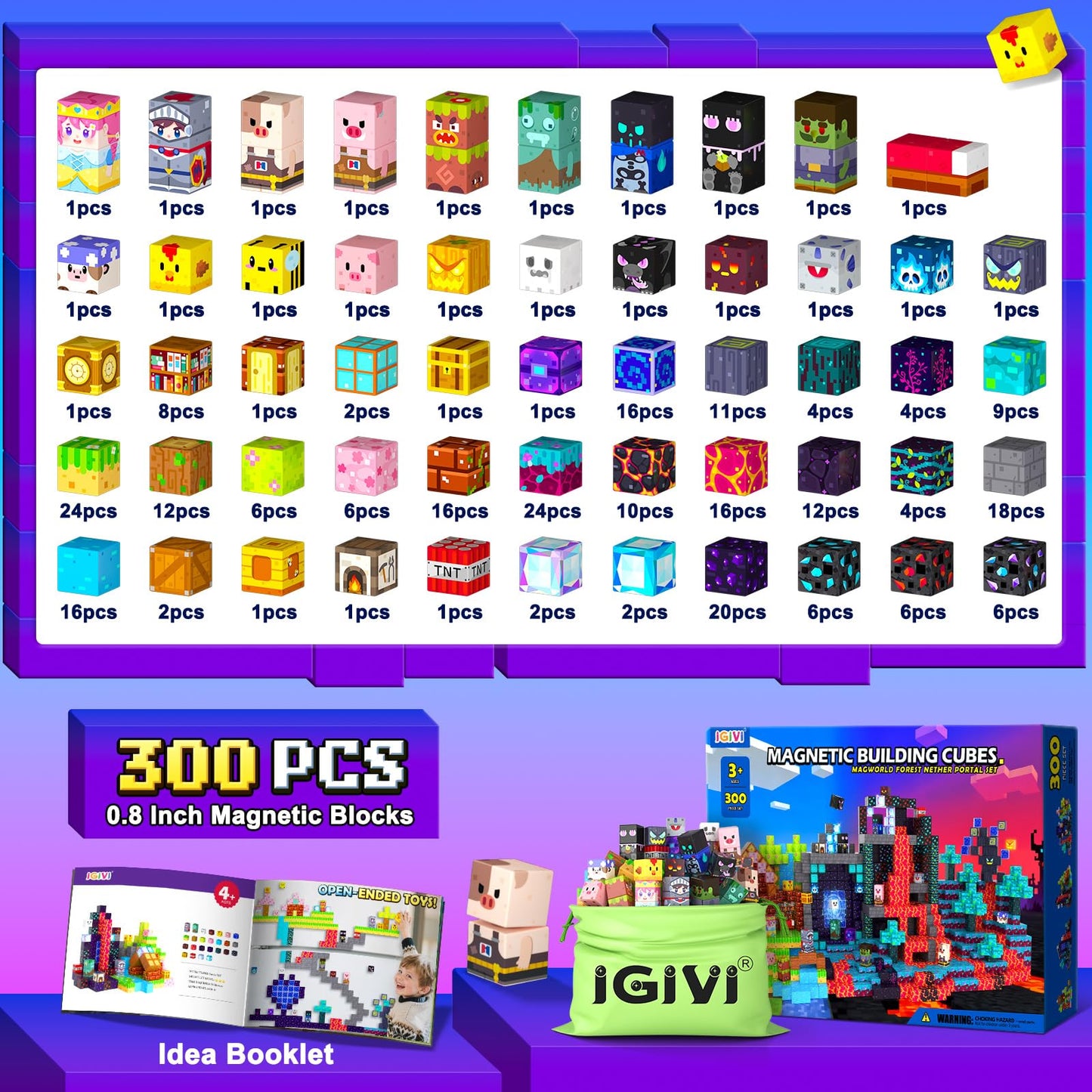 IGIVI 300PCS Magnetic Blocks Set – Build Mine Magnet World | STEM & Montessori Toys for Kids