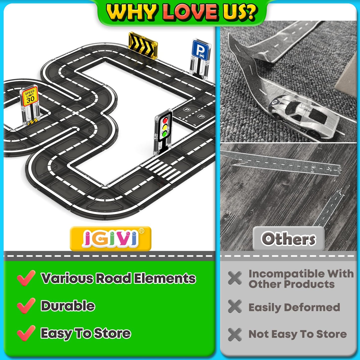 IGIVI Magnetic Tiles Road Set – STEM Building Toys for Kids 3–8