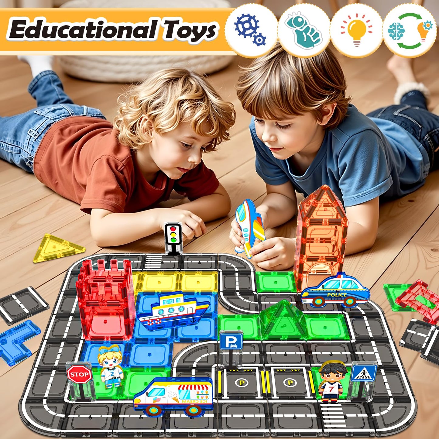 IGIVI 104 PCS Magnetic Tiles Road Set – STEM Construction Toys for Ages 3-8