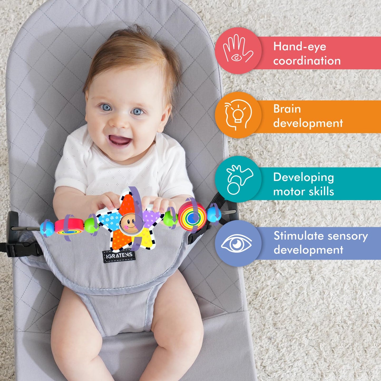 iGRATENS Baby Bjorn Bouncer Toy Bar — Colorful Beech Wood Toy for Bliss & Balance Soft