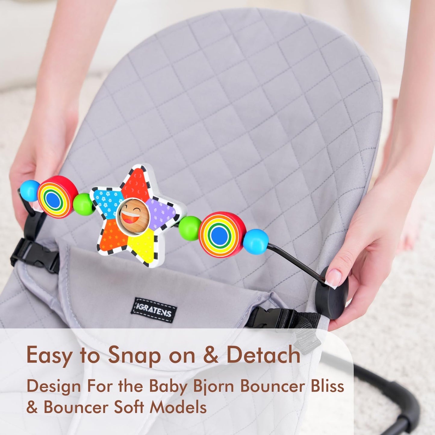 iGRATENS Baby Bjorn Bouncer Toy Bar — Colorful Beech Wood Toy for Bliss & Balance Soft