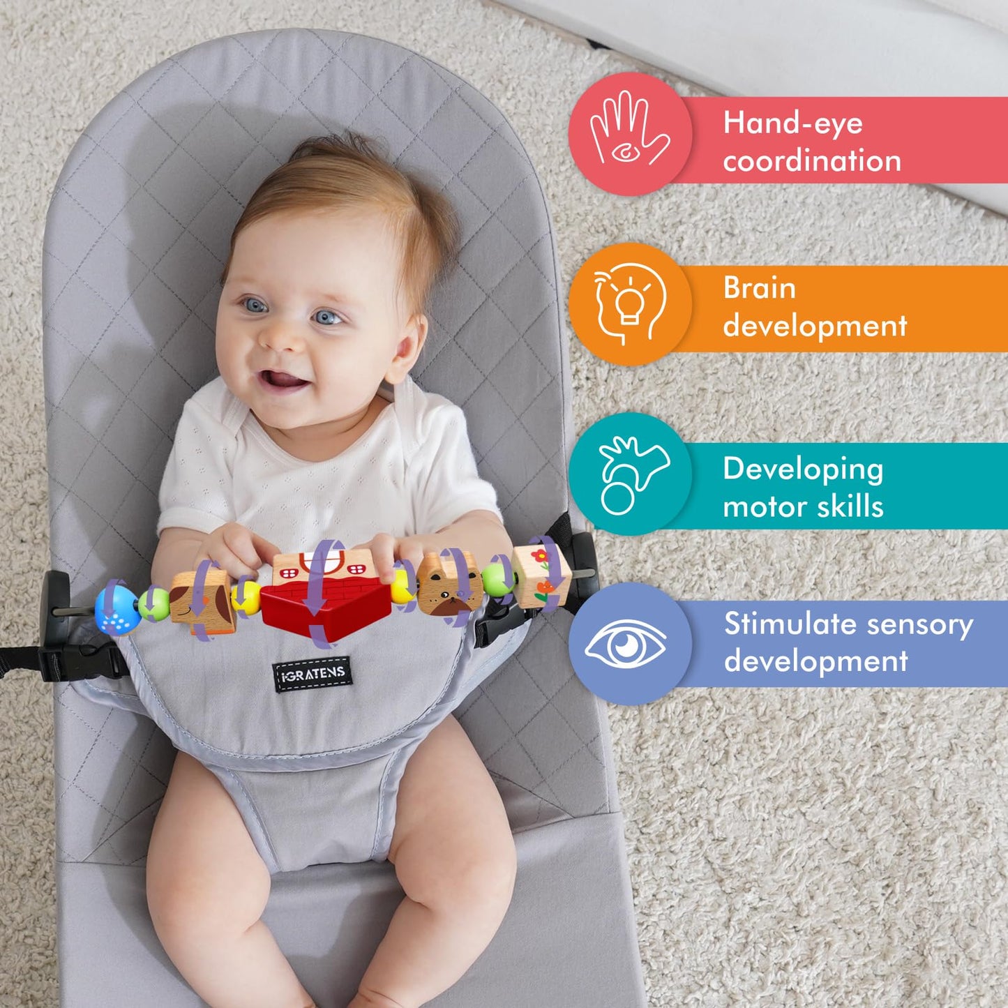 iGRATENS Baby Bjorn Bouncer Toy Bar – Pet Paradise, Easy Attach & Remove, Safe Beech Wood