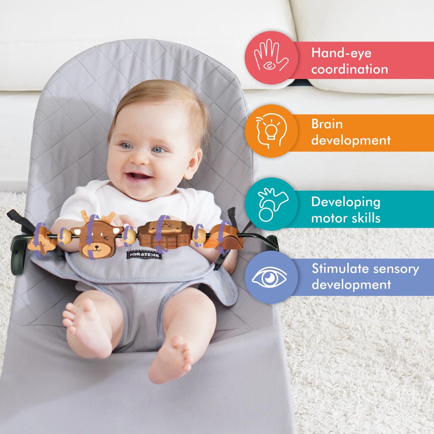 iGRATENS Three-Dimensional Baby Bouncer Toy Bar – Lion & Deer, Easy Attach, 360° Wooden Toys