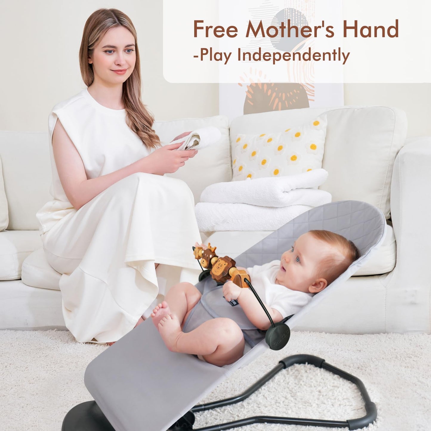 iGRATENS Three-Dimensional Baby Bouncer Toy Bar – Lion & Deer, Easy Attach, 360° Wooden Toys