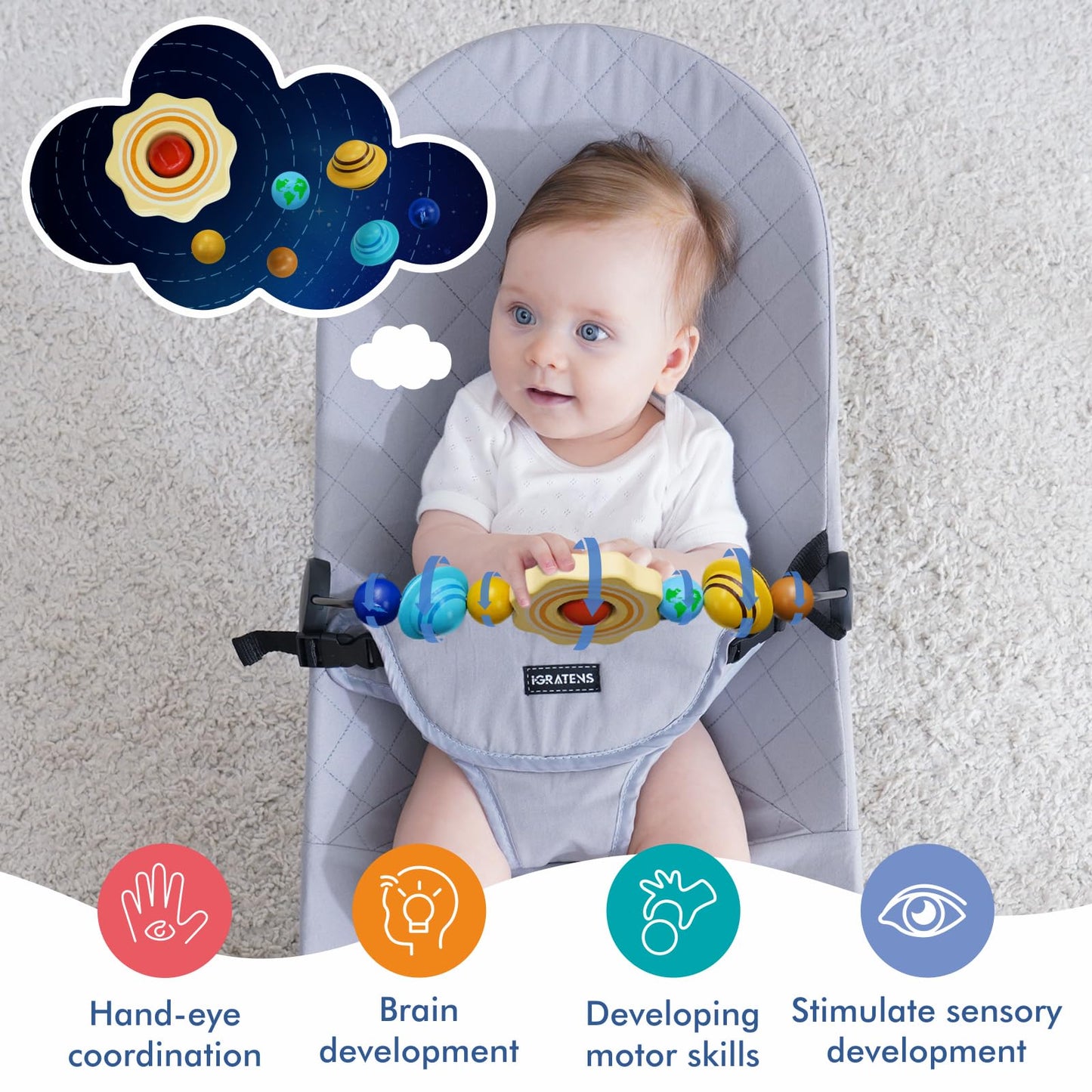 iGRATENS Sun & Planets Wooden Bouncer Toy Bar for Bliss & Balance Soft – Hand-Painted & Easy to Attach