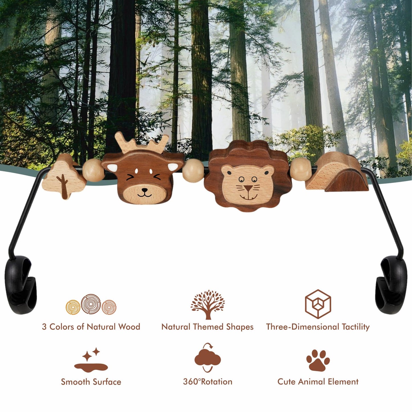 iGRATENS Three-Dimensional Baby Bouncer Toy Bar – Lion & Deer, Easy Attach, 360° Wooden Toys