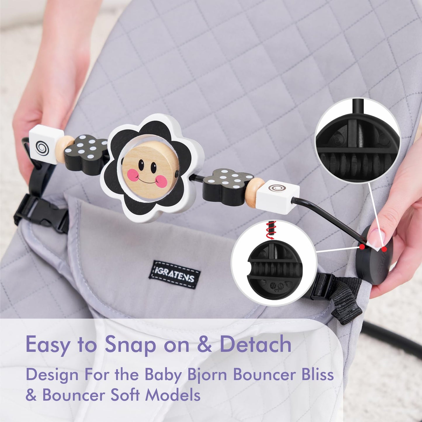iGRATENS Baby Bjorn Bouncer Toy Bar - Black & White Flowers | Easy Attach & Remove