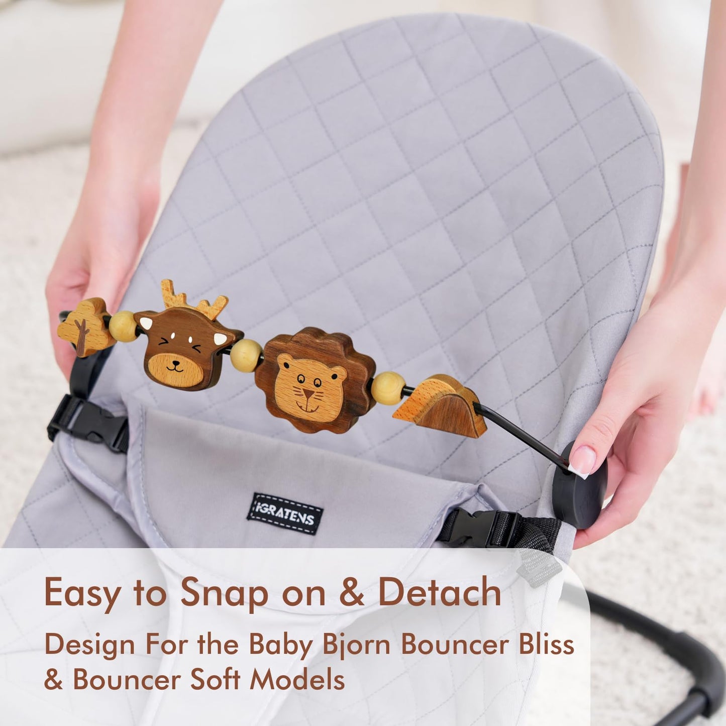 iGRATENS Three-Dimensional Baby Bouncer Toy Bar – Lion & Deer, Easy Attach, 360° Wooden Toys
