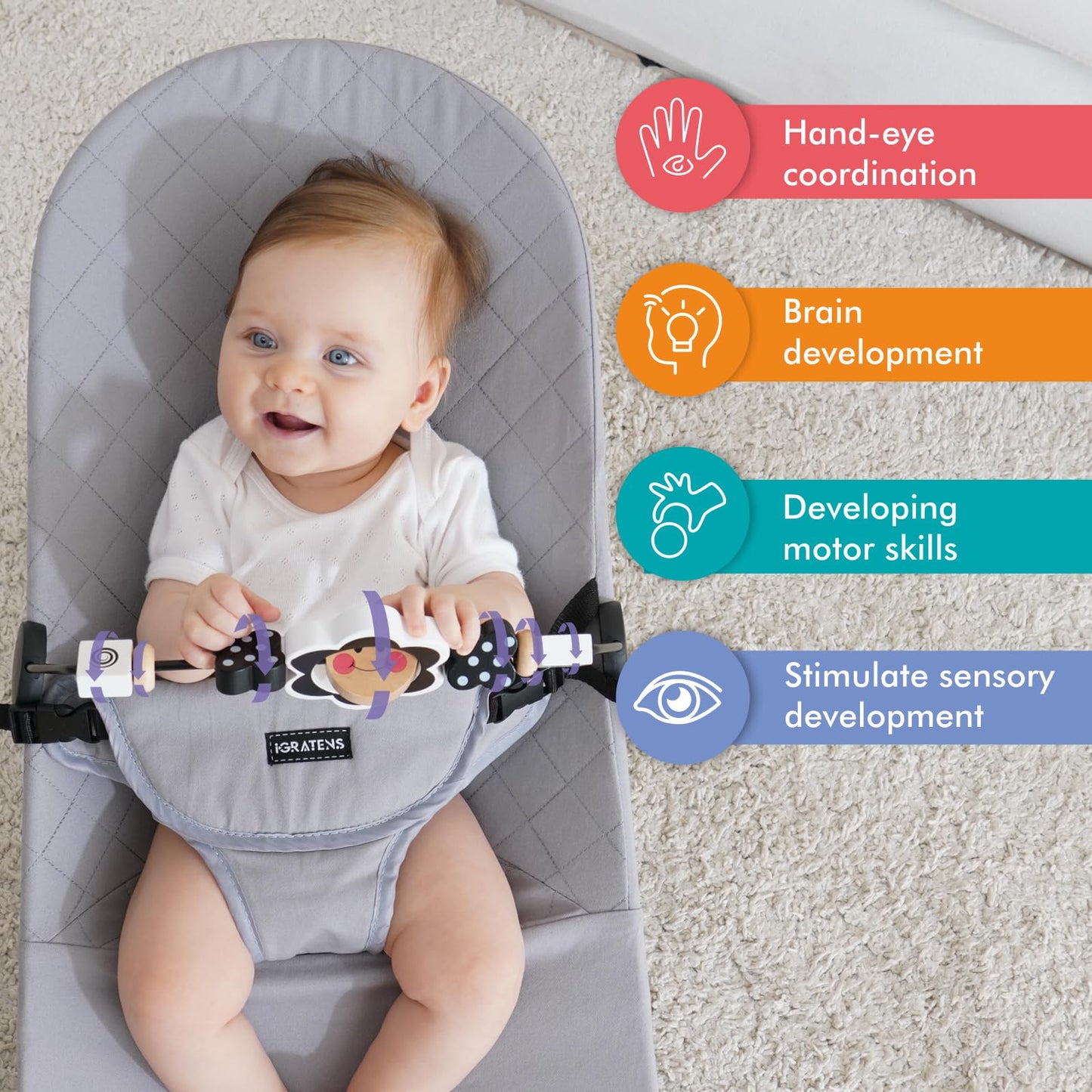 iGRATENS Baby Bjorn Bouncer Toy Bar - Black & White Flowers | Easy Attach & Remove