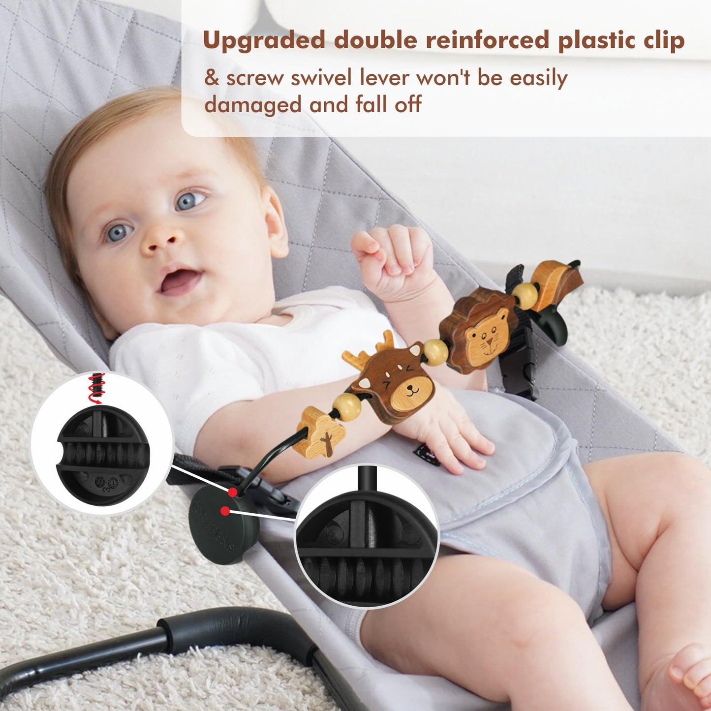 iGRATENS Three-Dimensional Baby Bouncer Toy Bar – Lion & Deer, Easy Attach, 360° Wooden Toys
