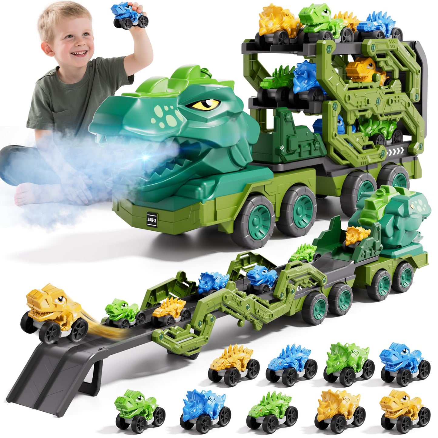IHaha 10-in-1 Dinosaur Truck Toys with 9 Dino Cars – Foldable Track, Lights & Sounds | Gift for Kids 3–8