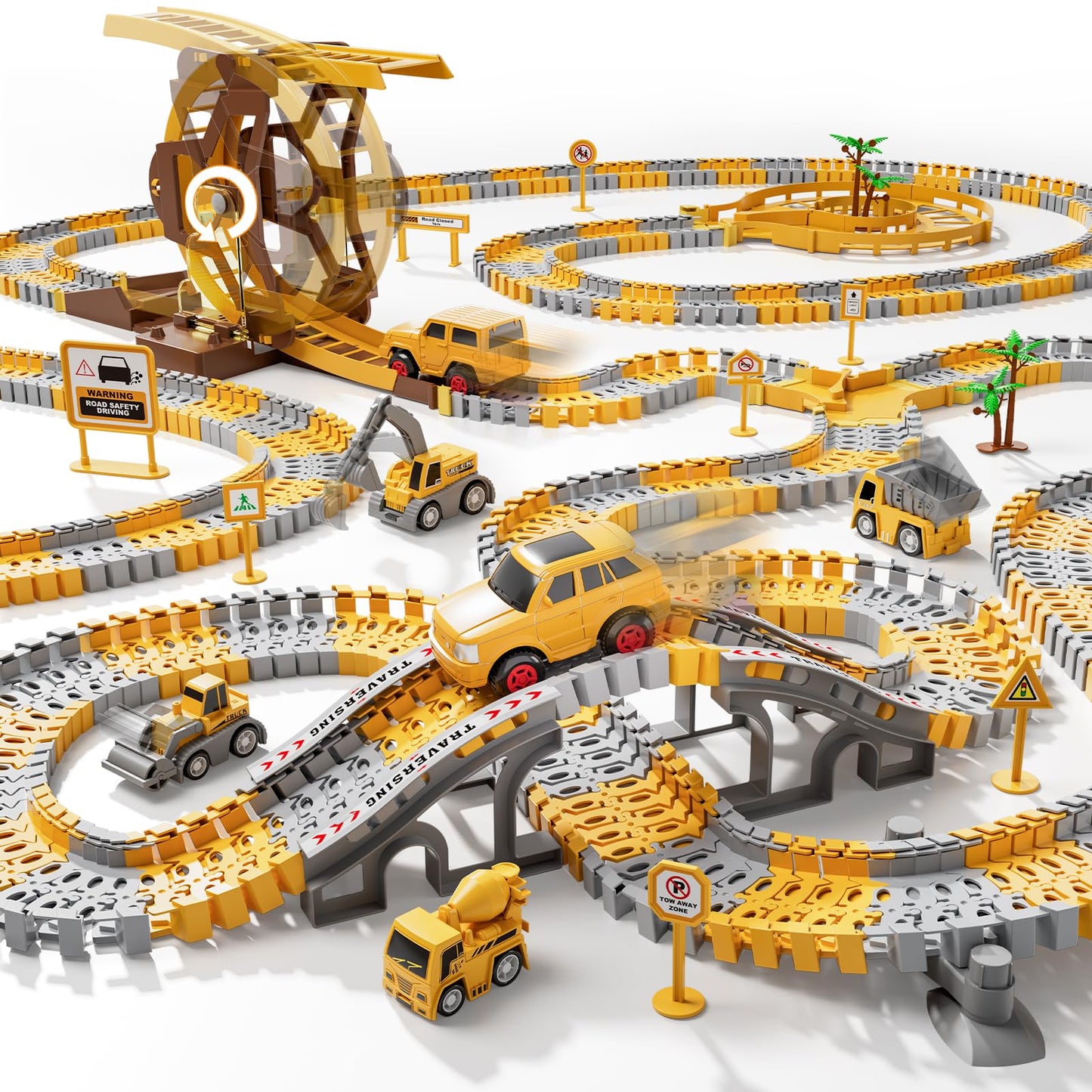 iHaHa 299 PCS Construction Race Track Set – 6 Engineering Cars & Flexible Track for 3-6 Year Old Boys