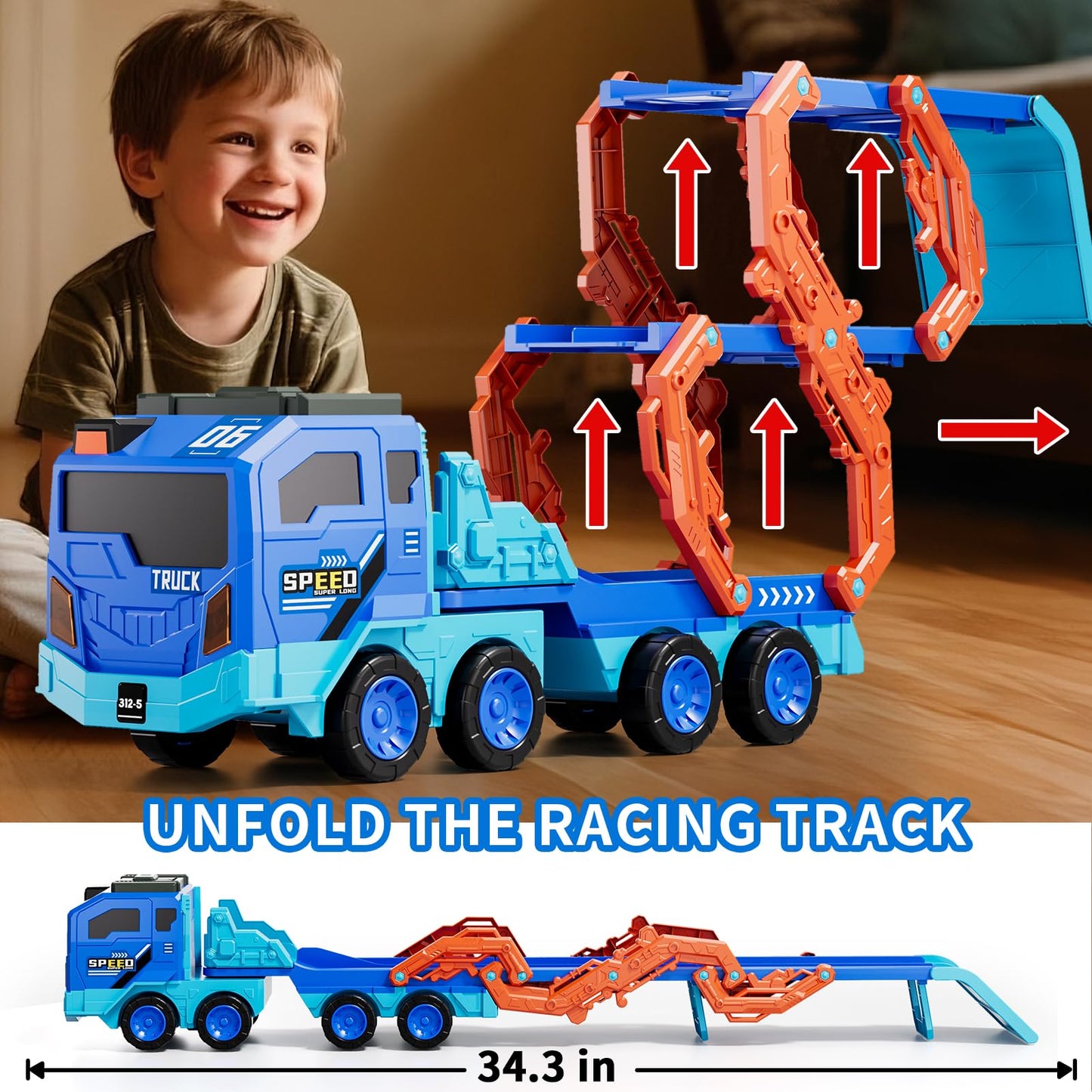 IHAHA 10-in-1 Toddler Foldable Space Truck with Lights & Sounds – 9 Cars, 2-Player Race Track (Ages 3-8)