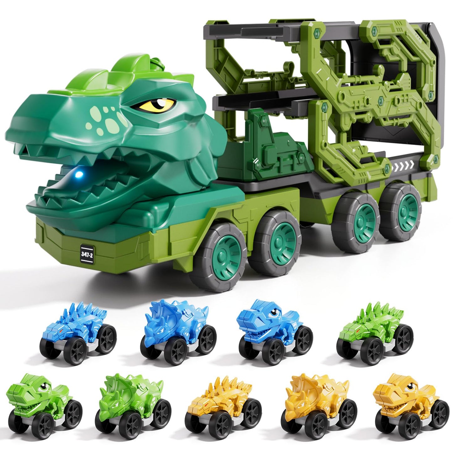 IHaha 10-in-1 Dinosaur Truck Toys with 9 Dino Cars – Foldable Track, Lights & Sounds | Gift for Kids 3–8