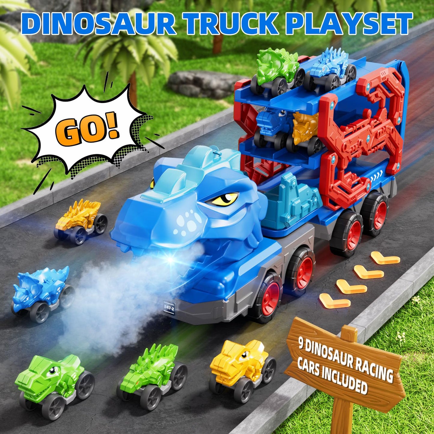 IHAHA 10-in-1 Dinosaur Truck Toys for Kids – 9 Dino Cars, Foldable Track, Spray & Lights