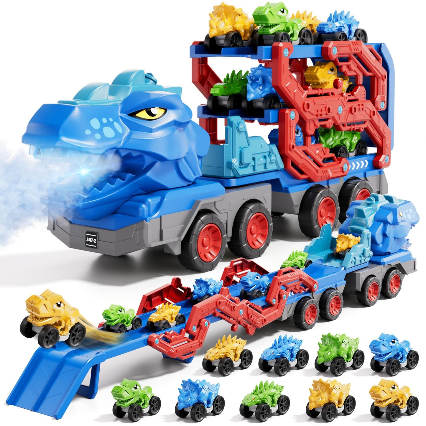 IHAHA 10-in-1 Dinosaur Truck Toys for Kids – 9 Dino Cars, Foldable Track, Spray & Lights