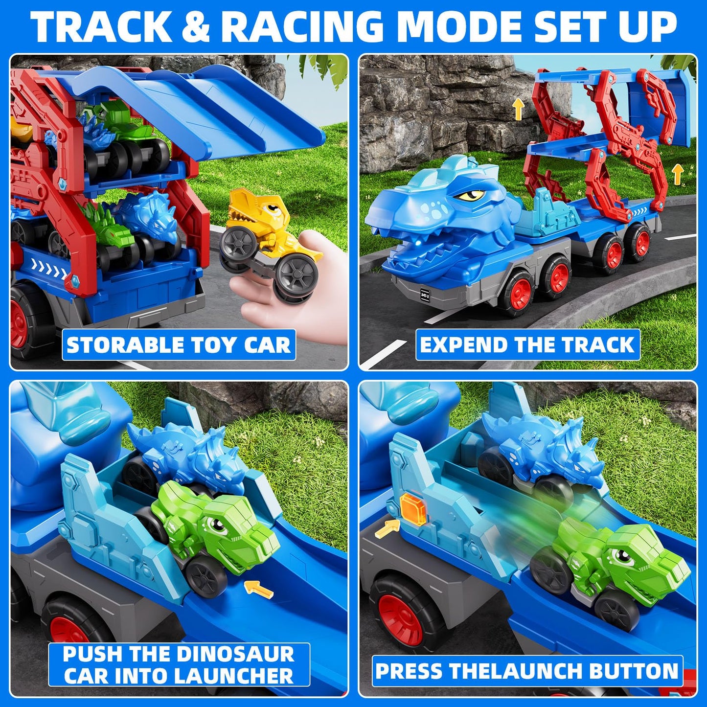 IHAHA 10-in-1 Dinosaur Truck Toys for Kids – 9 Dino Cars, Foldable Track, Spray & Lights