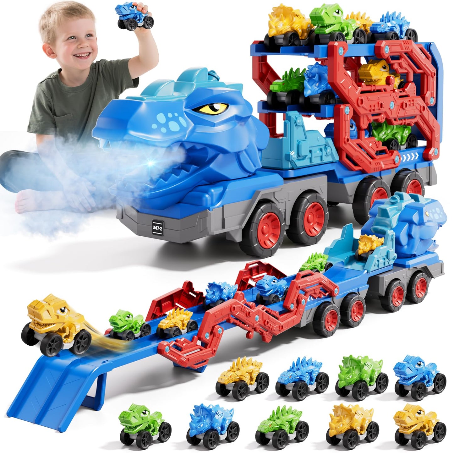 IHAHA 10-in-1 Dinosaur Truck Toys for Kids – 9 Dino Cars, Foldable Track, Spray & Lights