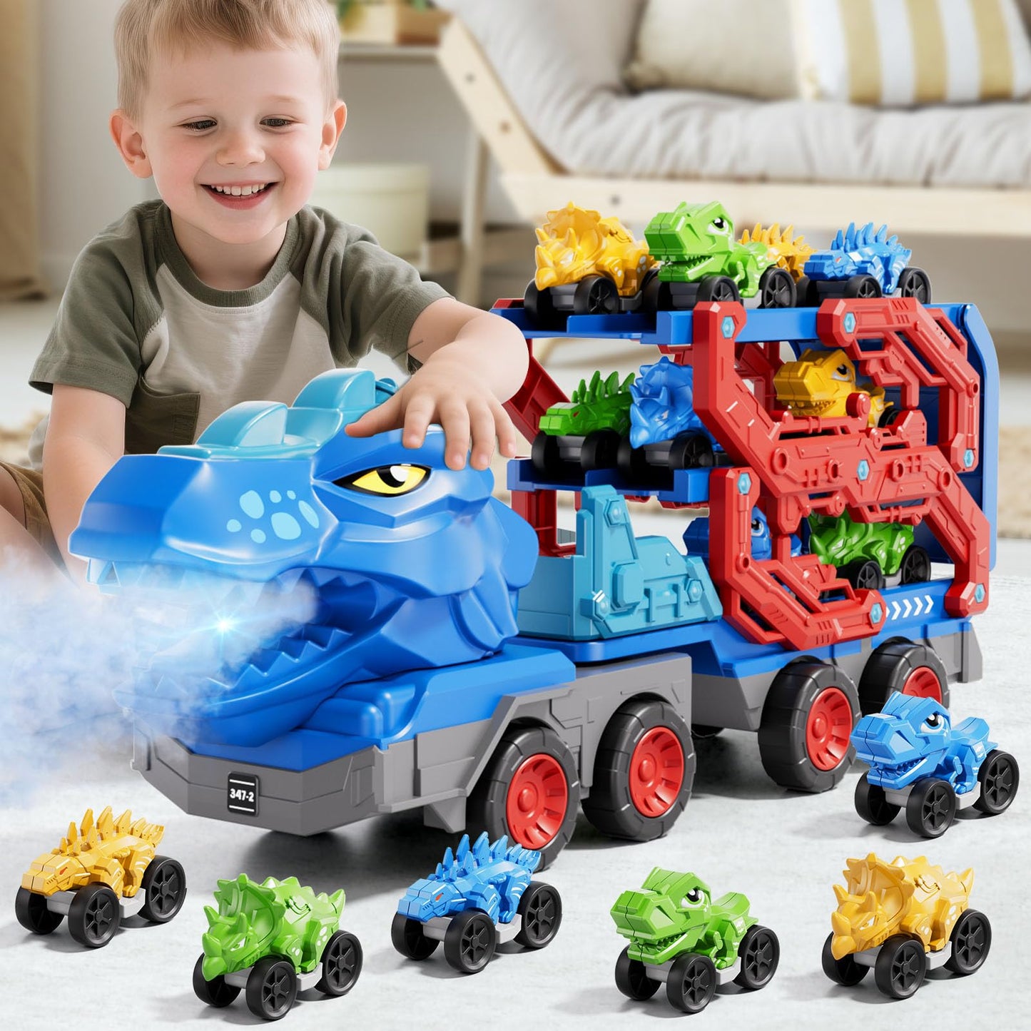 IHAHA 10-in-1 Dinosaur Truck Toys for Kids – 9 Dino Cars, Foldable Track, Spray & Lights