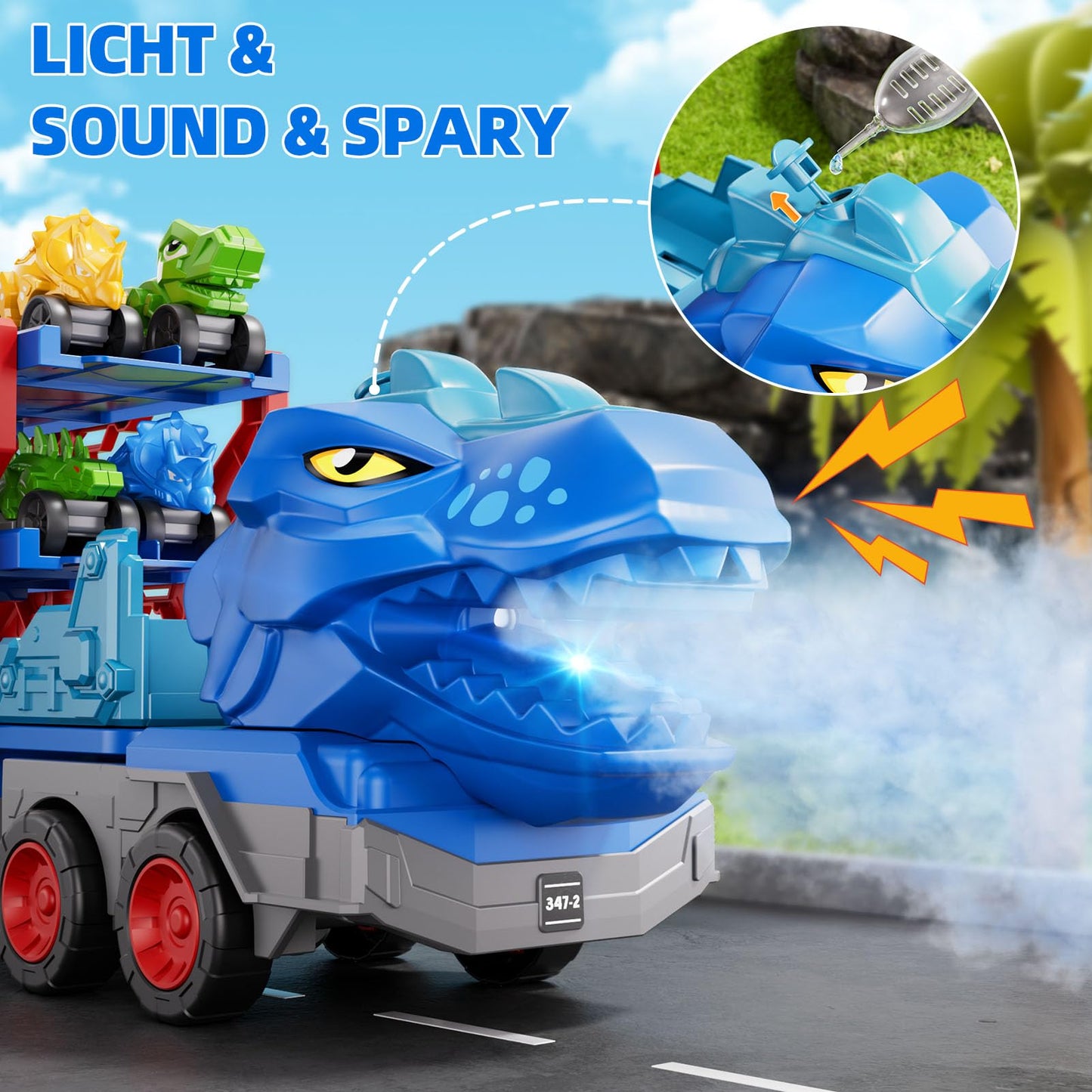 IHAHA 10-in-1 Dinosaur Truck Toys for Kids – 9 Dino Cars, Foldable Track, Spray & Lights