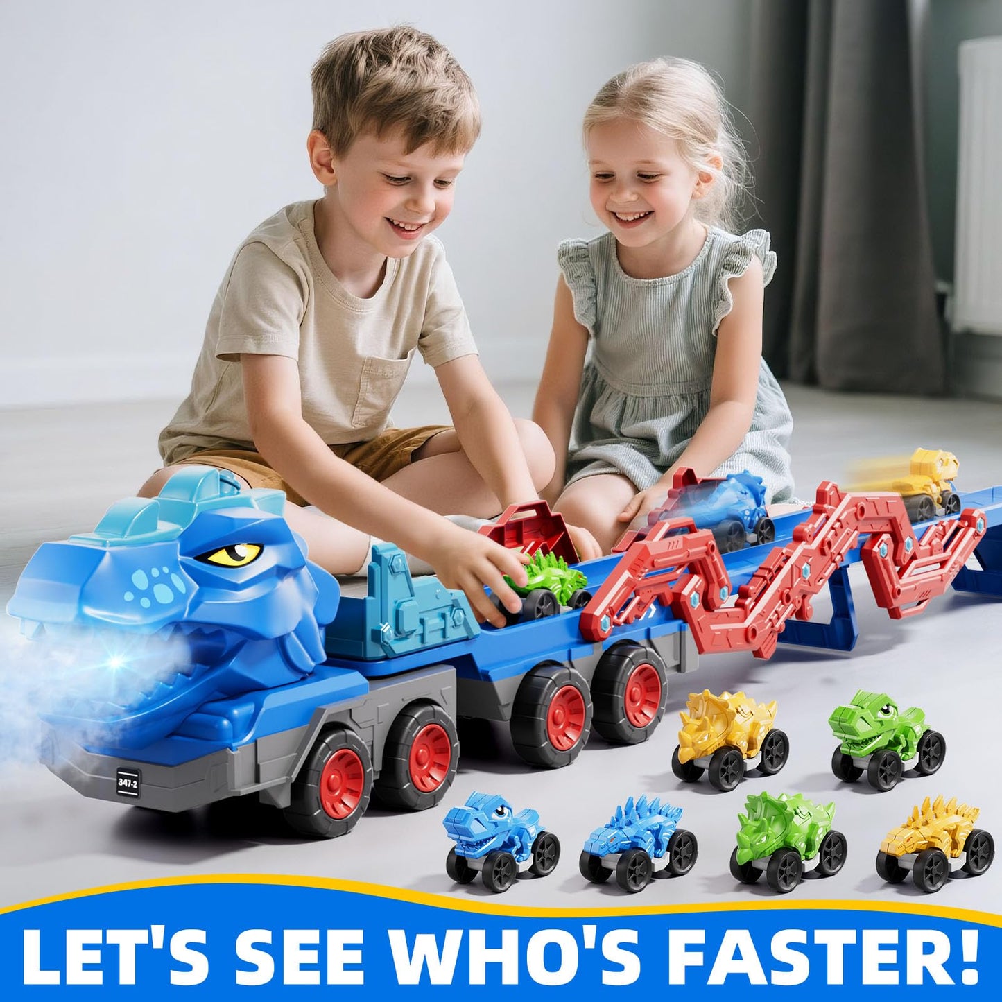 IHAHA 10-in-1 Dinosaur Truck Toys for Kids – 9 Dino Cars, Foldable Track, Spray & Lights