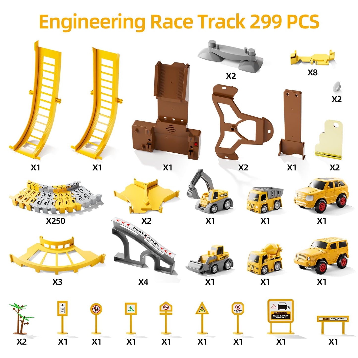 iHaHa 299 PCS Construction Race Track Set – 6 Engineering Cars & Flexible Track for 3-6 Year Old Boys