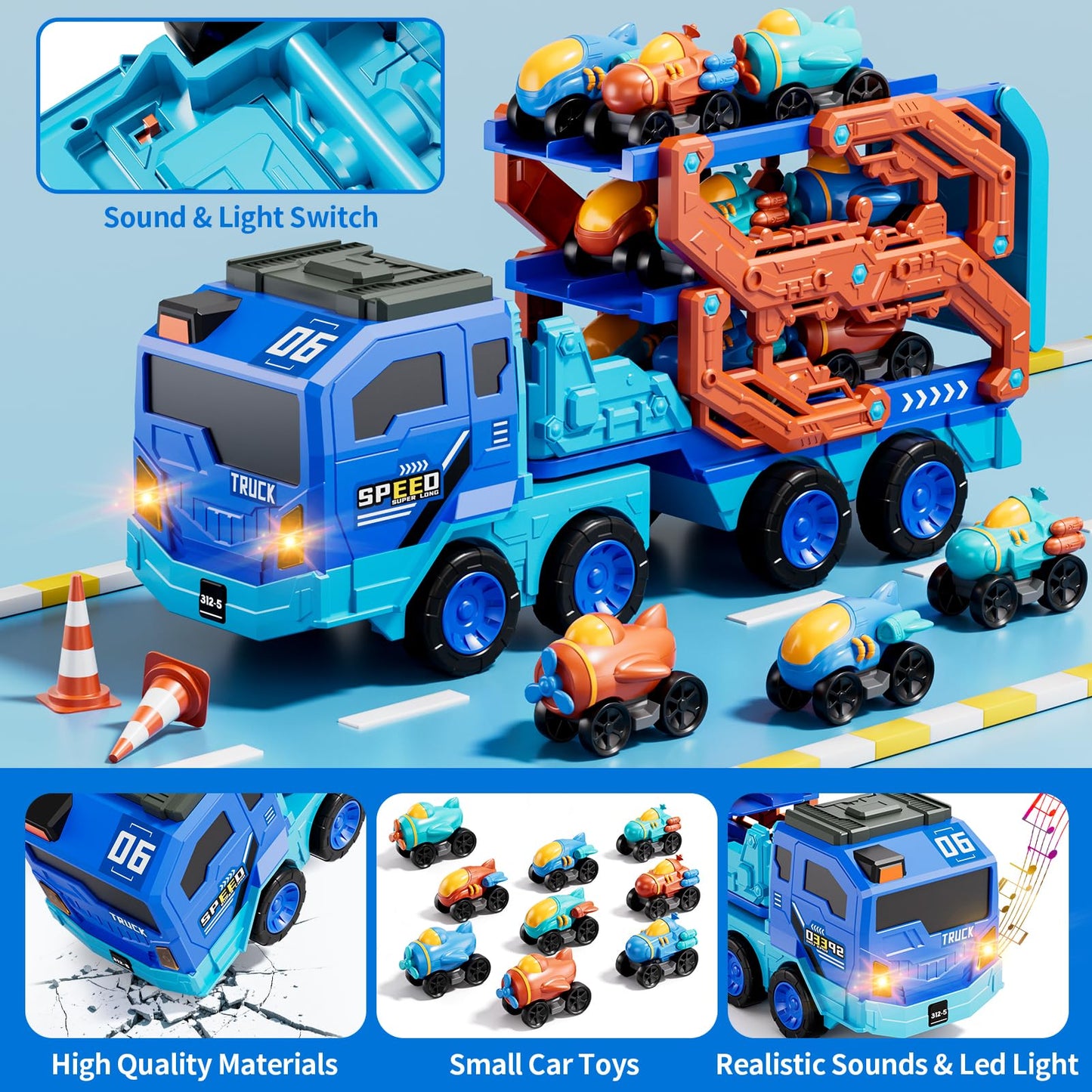 IHAHA 10-in-1 Toddler Foldable Space Truck with Lights & Sounds – 9 Cars, 2-Player Race Track (Ages 3-8)