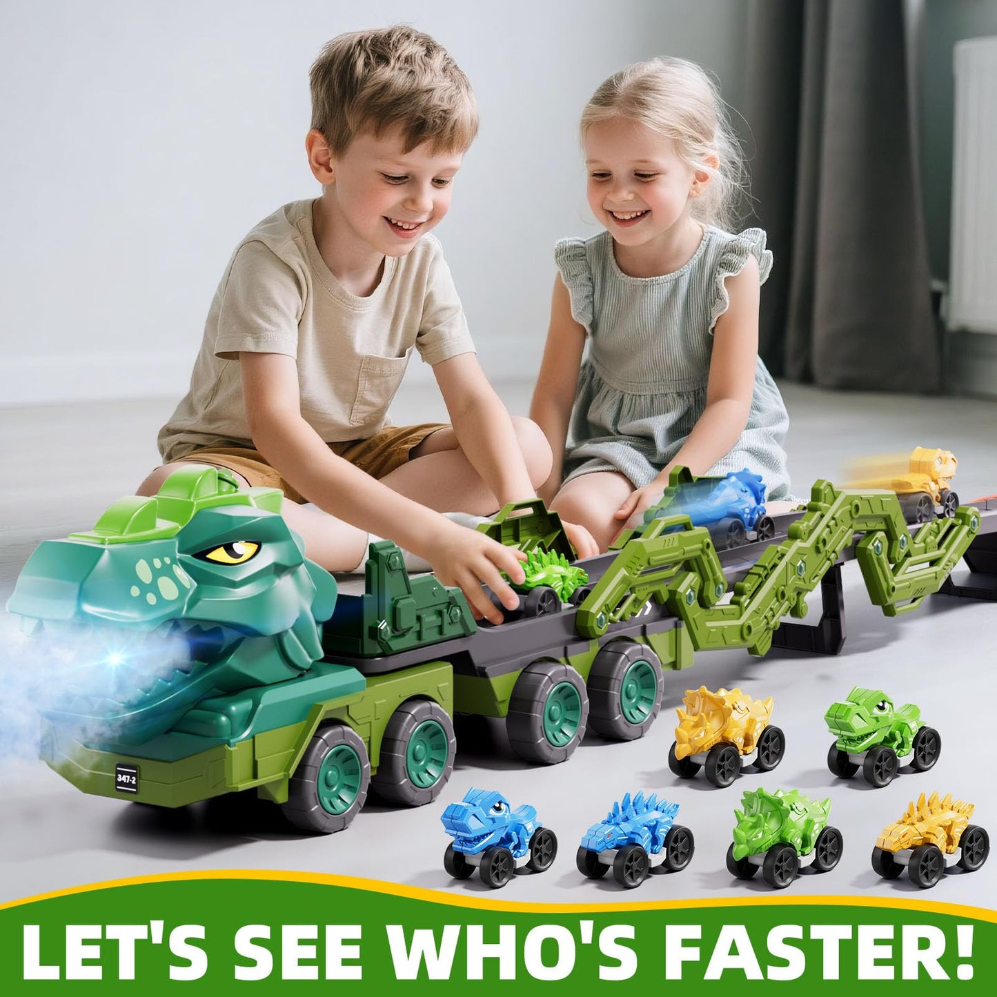 IHaha 10-in-1 Dinosaur Truck Toys with 9 Dino Cars – Foldable Track, Lights & Sounds | Gift for Kids 3–8