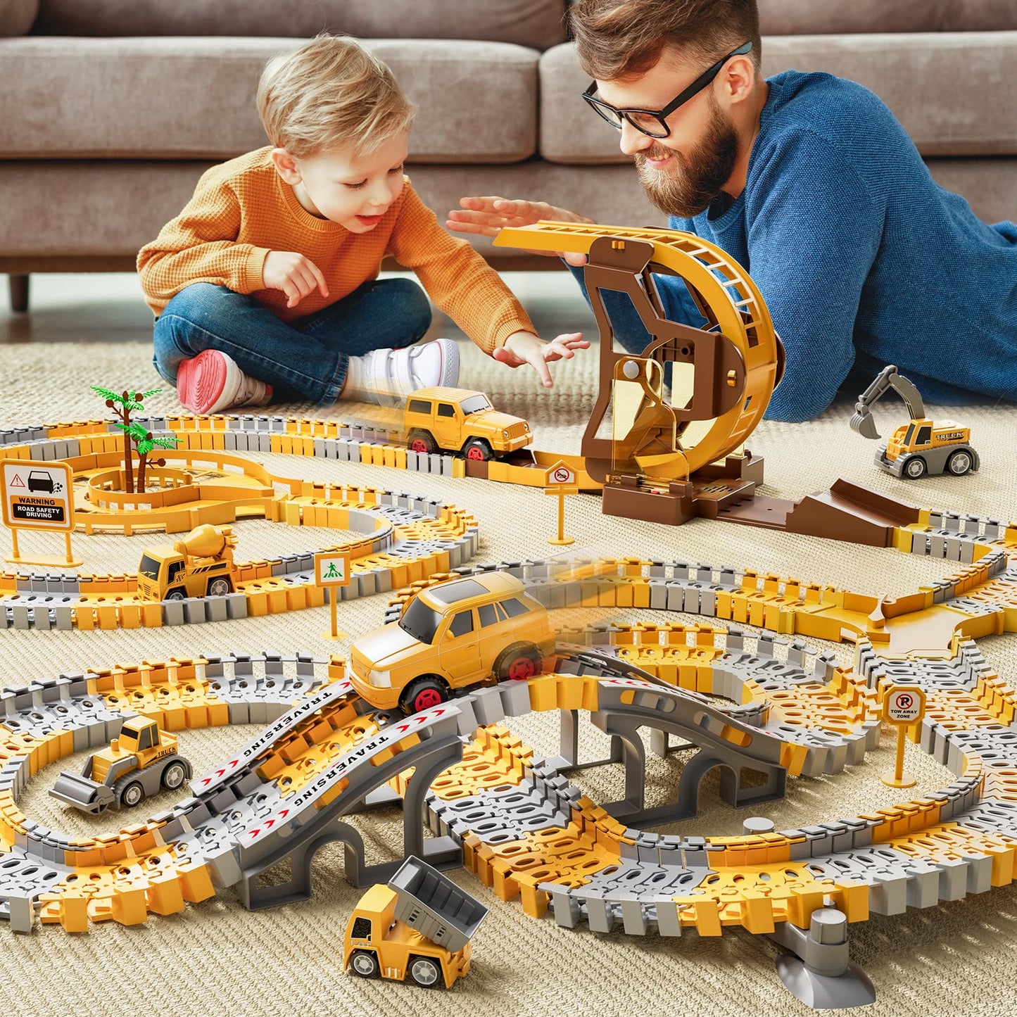 iHaHa 299 PCS Construction Race Track Set – 6 Engineering Cars & Flexible Track for 3-6 Year Old Boys