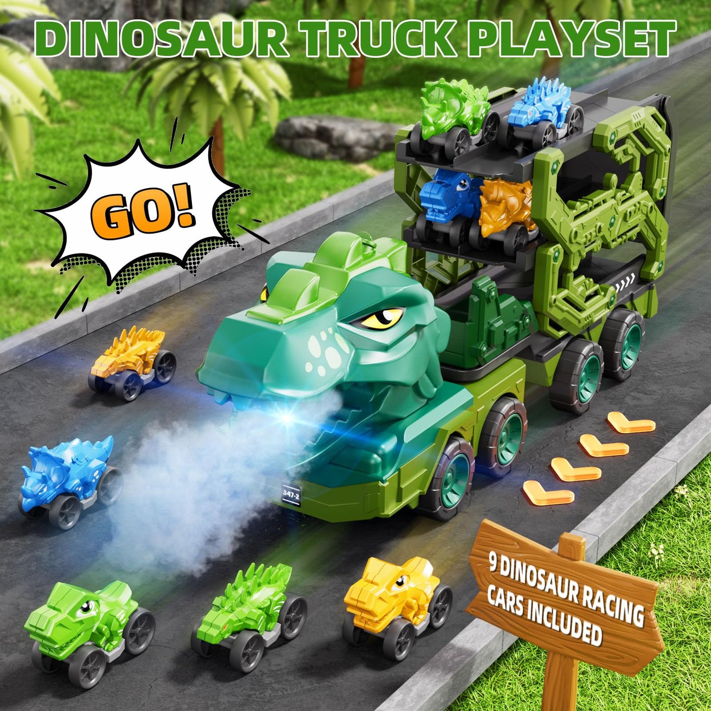 IHaha 10-in-1 Dinosaur Truck Toys with 9 Dino Cars – Foldable Track, Lights & Sounds | Gift for Kids 3–8