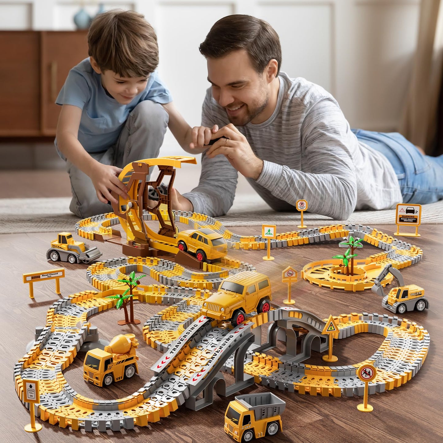 iHaHa 299 PCS Construction Race Track Set – 6 Engineering Cars & Flexible Track for 3-6 Year Old Boys