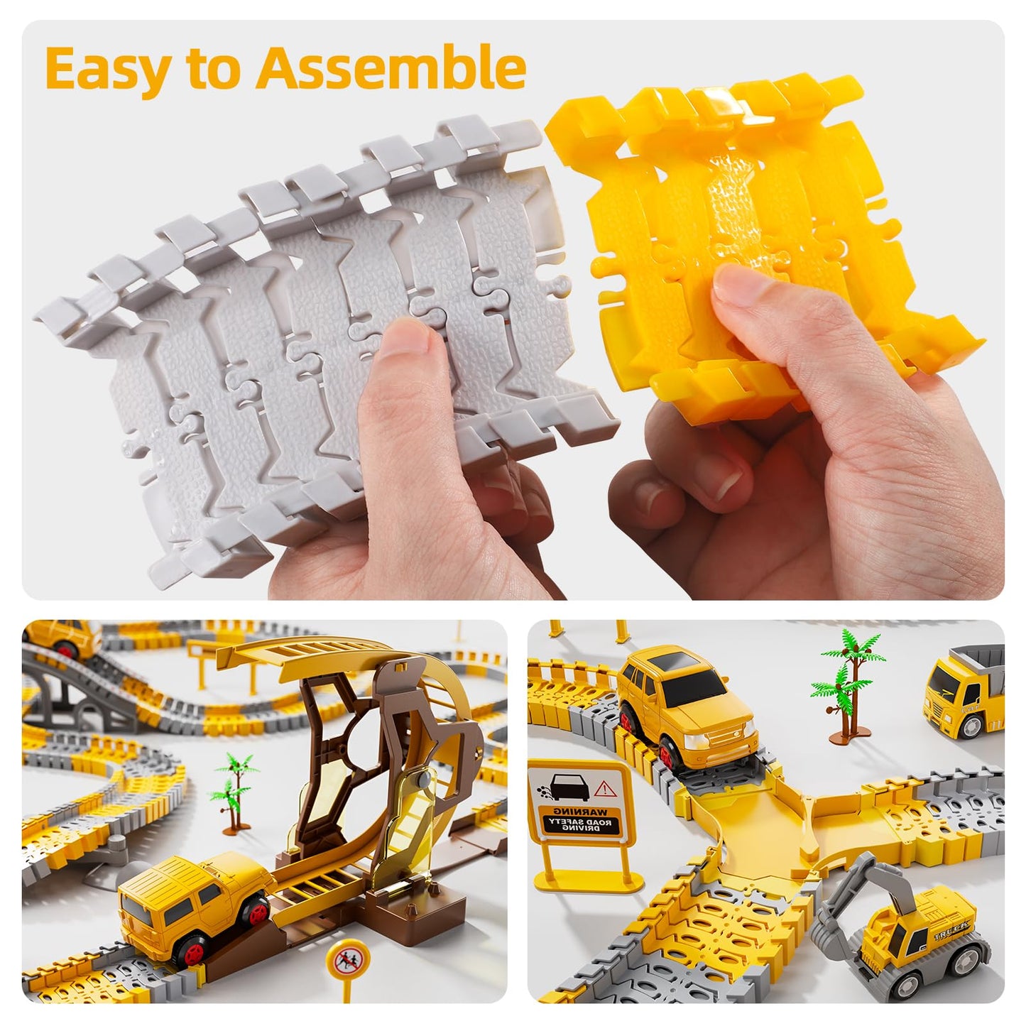 iHaHa 299 PCS Construction Race Track Set – 6 Engineering Cars & Flexible Track for 3-6 Year Old Boys