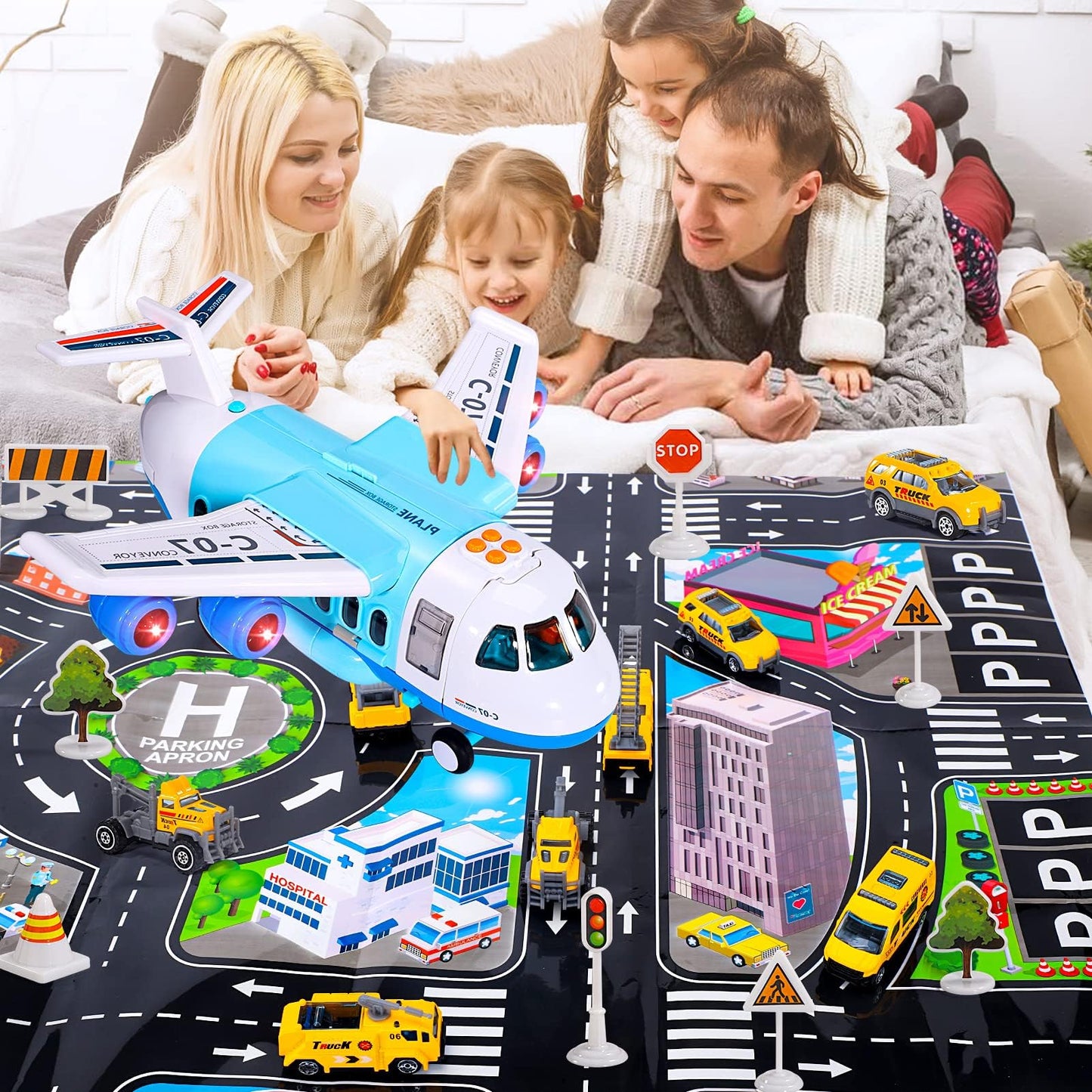 iHaHa Spray Airplane Toy – Large Cargo Plane with 6 Vehicles, Lights & Sounds