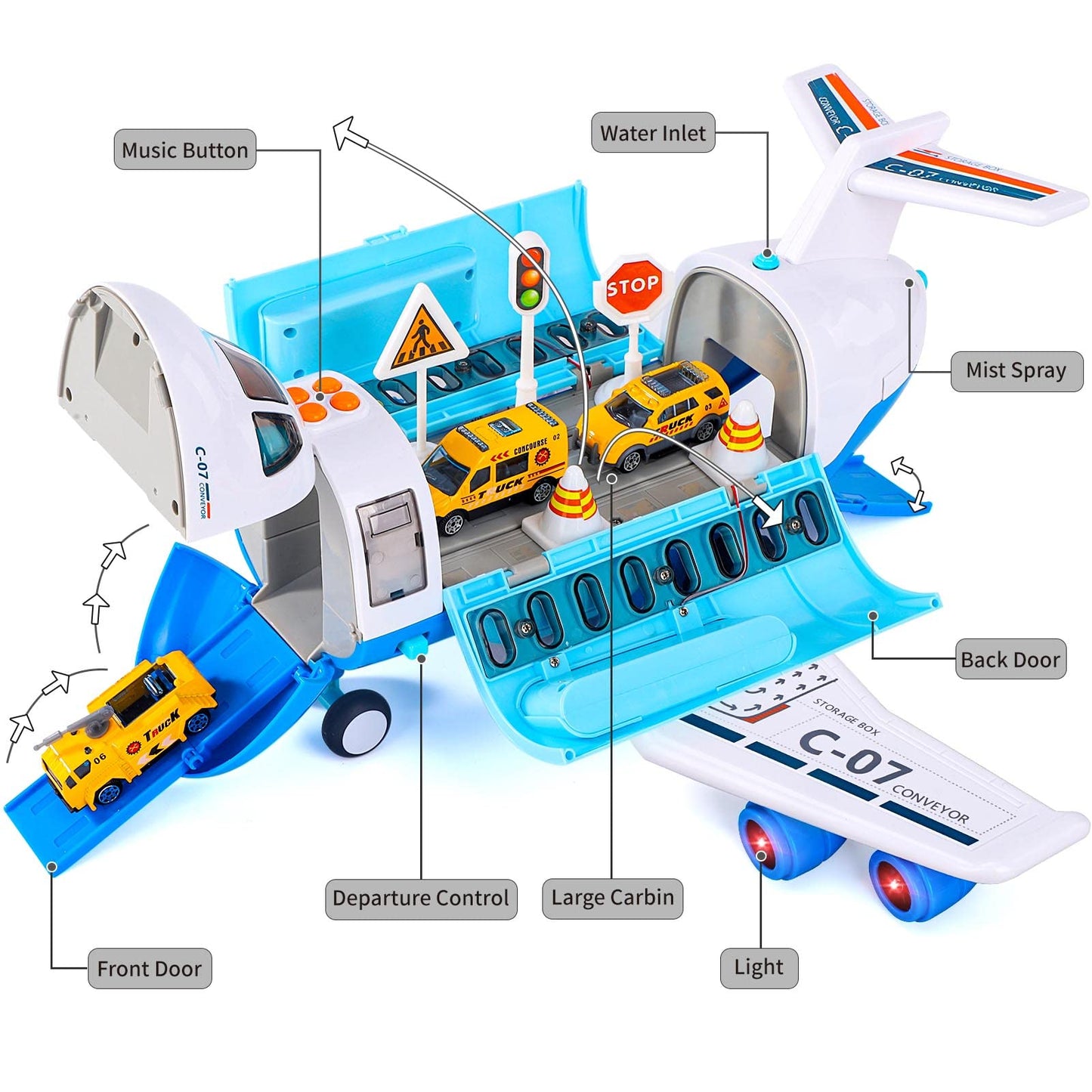 iHaHa Spray Airplane Toy – Large Cargo Plane with 6 Vehicles, Lights & Sounds