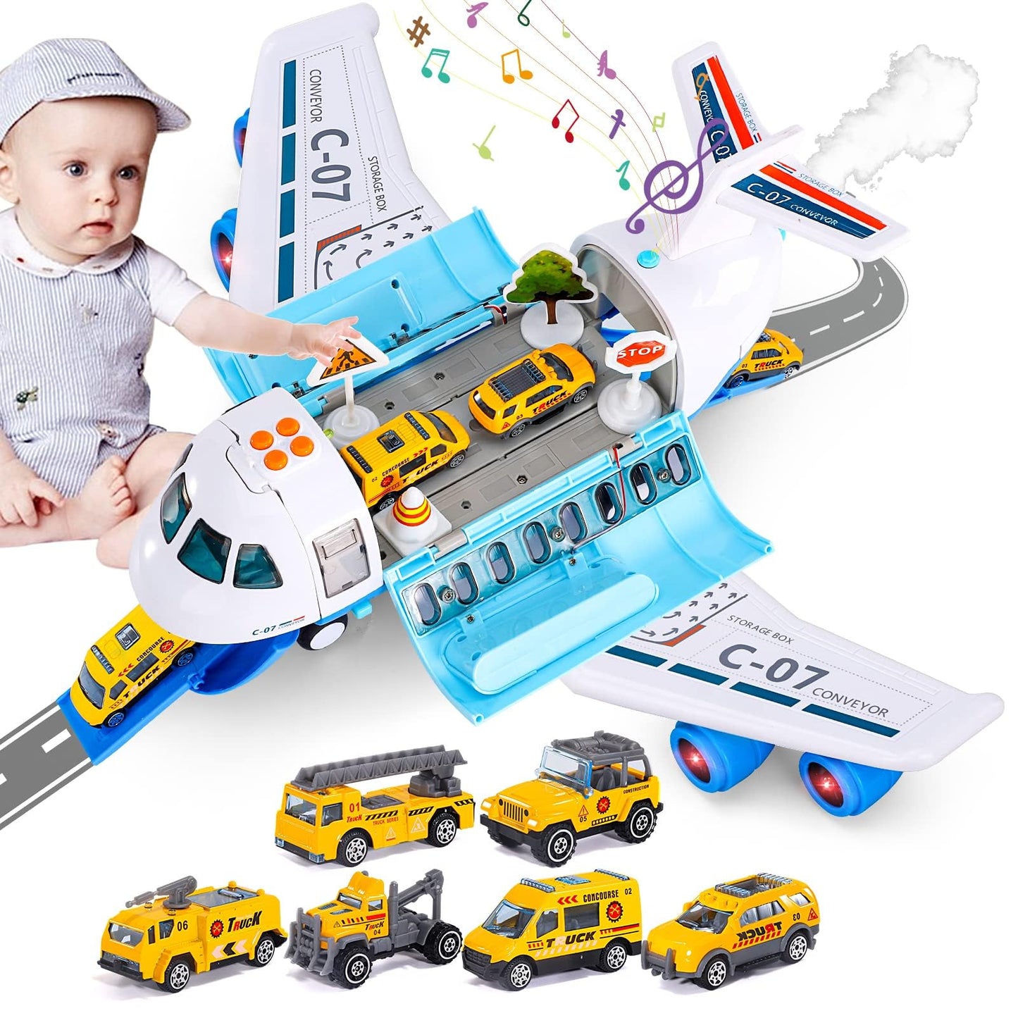 iHaHa Spray Airplane Toy – Large Cargo Plane with 6 Vehicles, Lights & Sounds