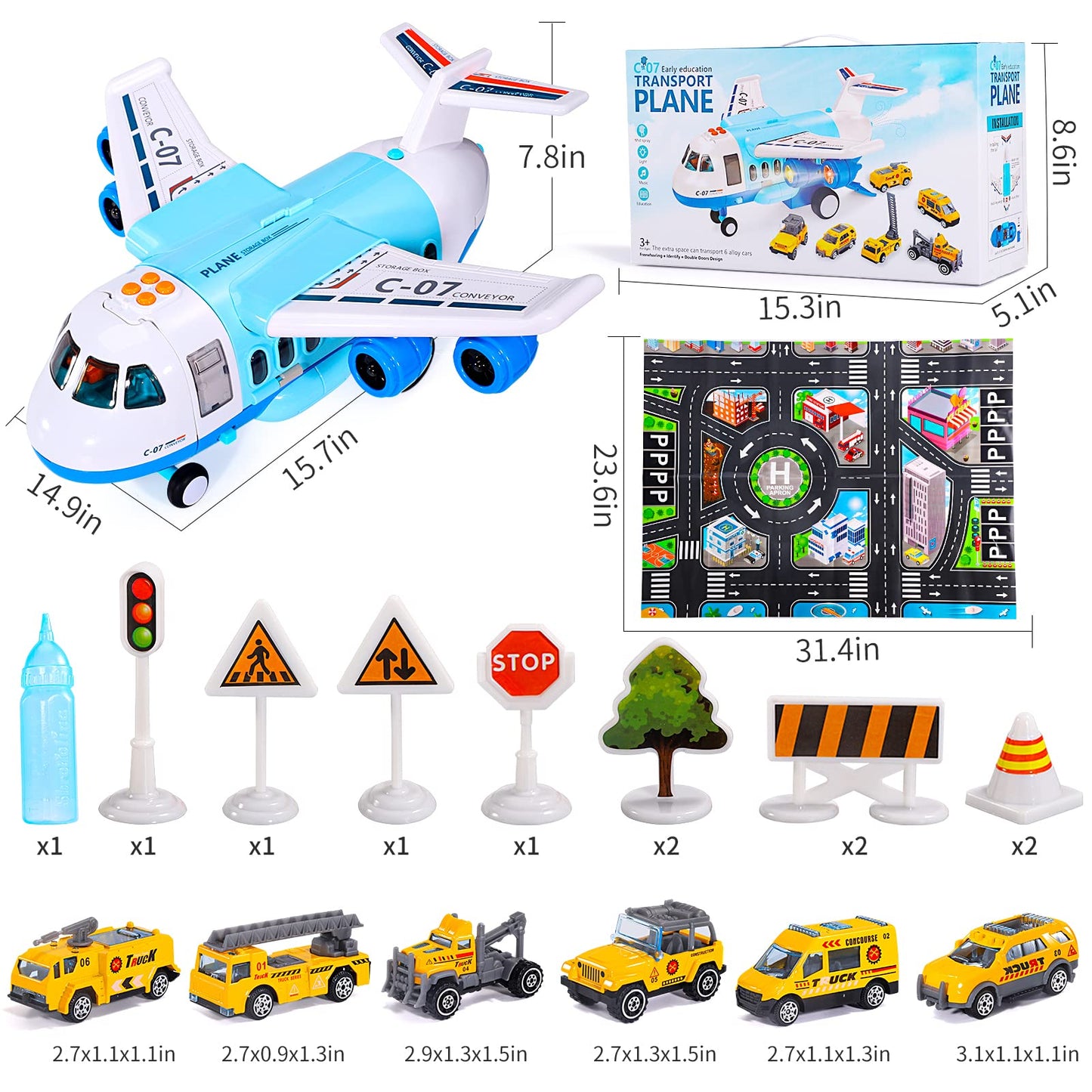 iHaHa Spray Airplane Toy – Large Cargo Plane with 6 Vehicles, Lights & Sounds