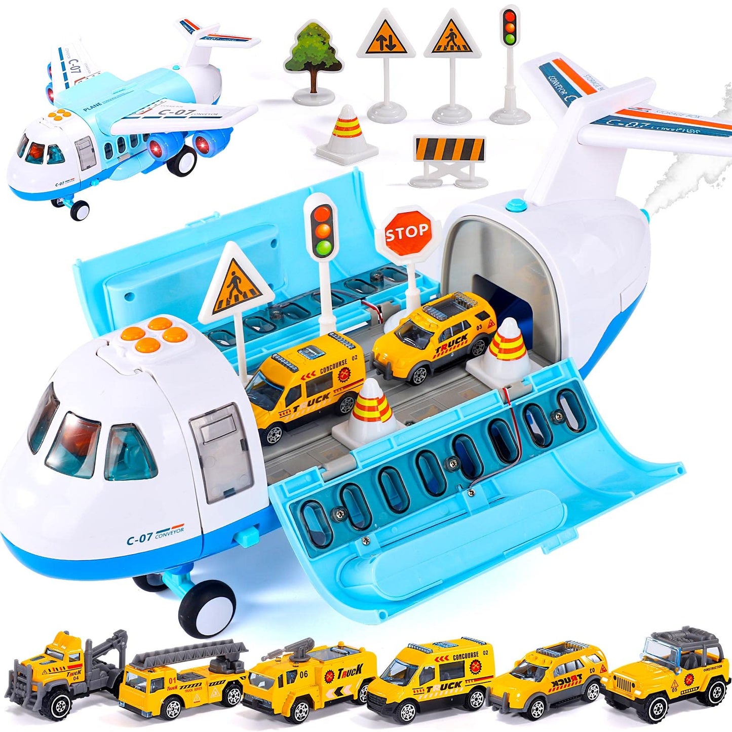 iHaHa Spray Airplane Toy – Large Cargo Plane with 6 Vehicles, Lights & Sounds