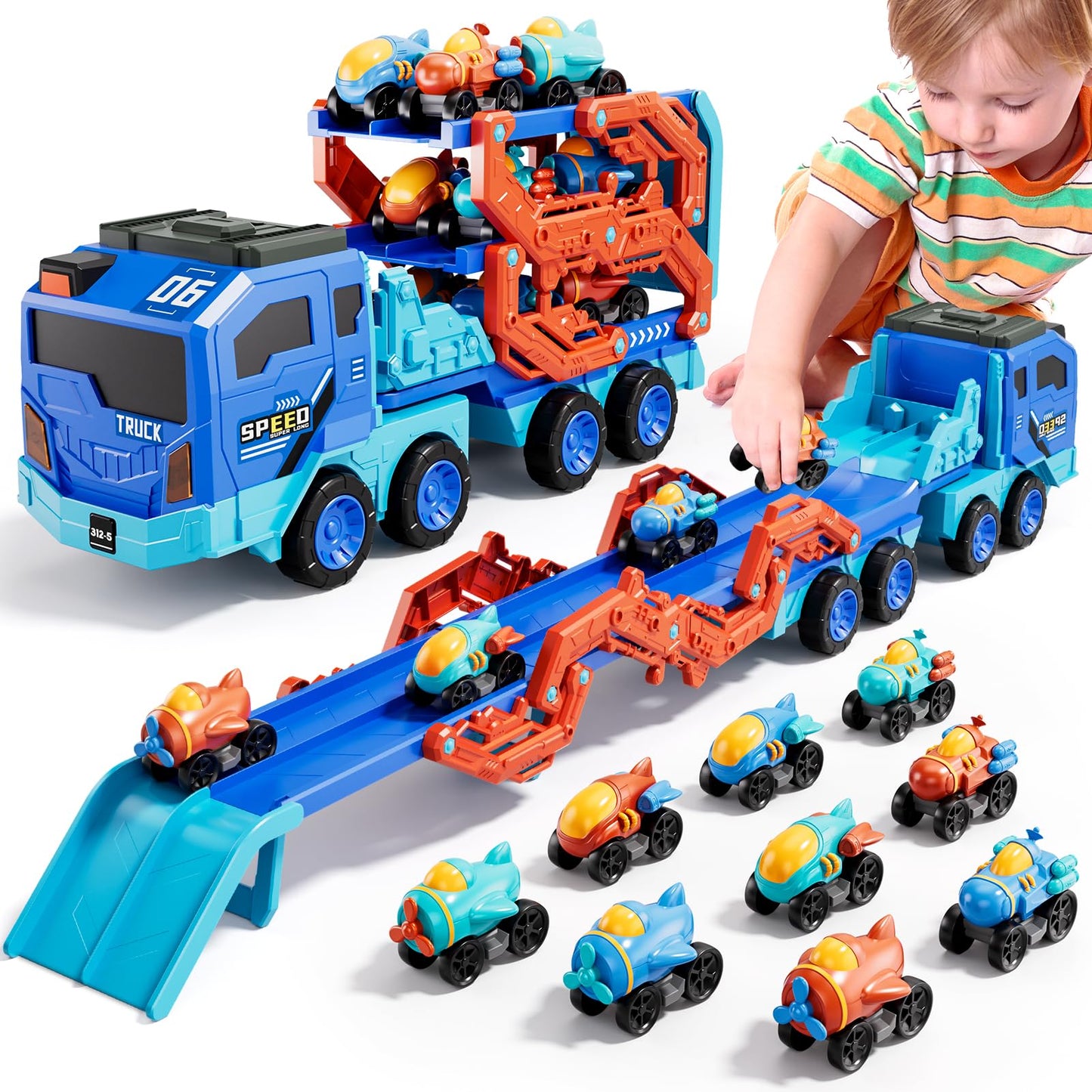 IHAHA 10-in-1 Toddler Foldable Space Truck with Lights & Sounds – 9 Cars, 2-Player Race Track (Ages 3-8)