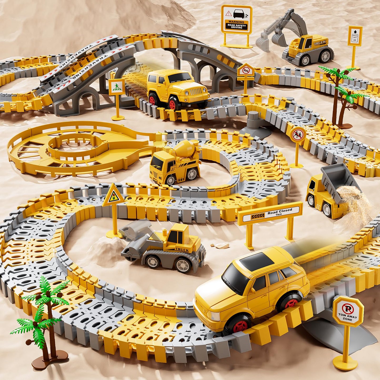 IHaha Toddlers Construction Race Tracks – 2 Electric Cars + 4 Trucks | STEM Building Toys for Boys 3–6