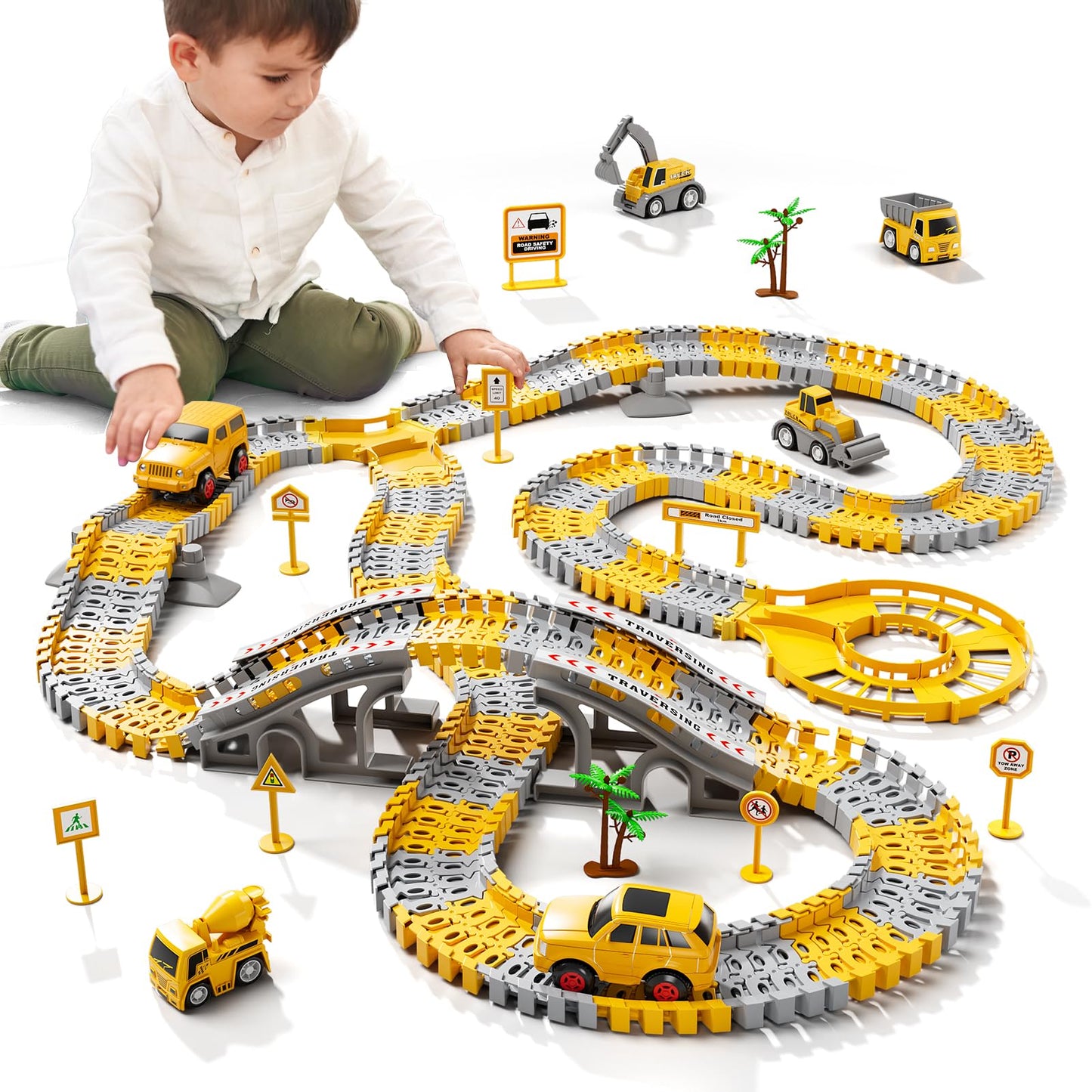 IHaha Toddlers Construction Race Tracks – 2 Electric Cars + 4 Trucks | STEM Building Toys for Boys 3–6