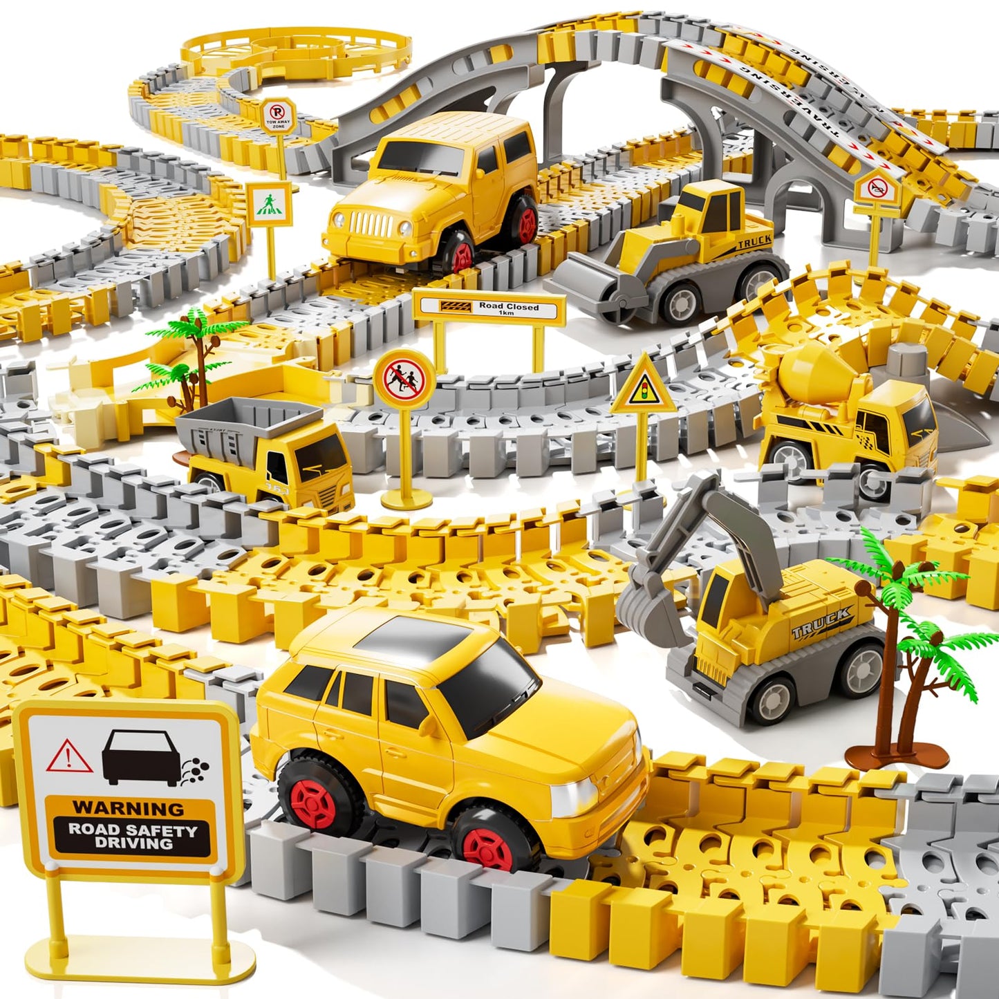 IHaha Toddlers Construction Race Tracks – 2 Electric Cars + 4 Trucks | STEM Building Toys for Boys 3–6