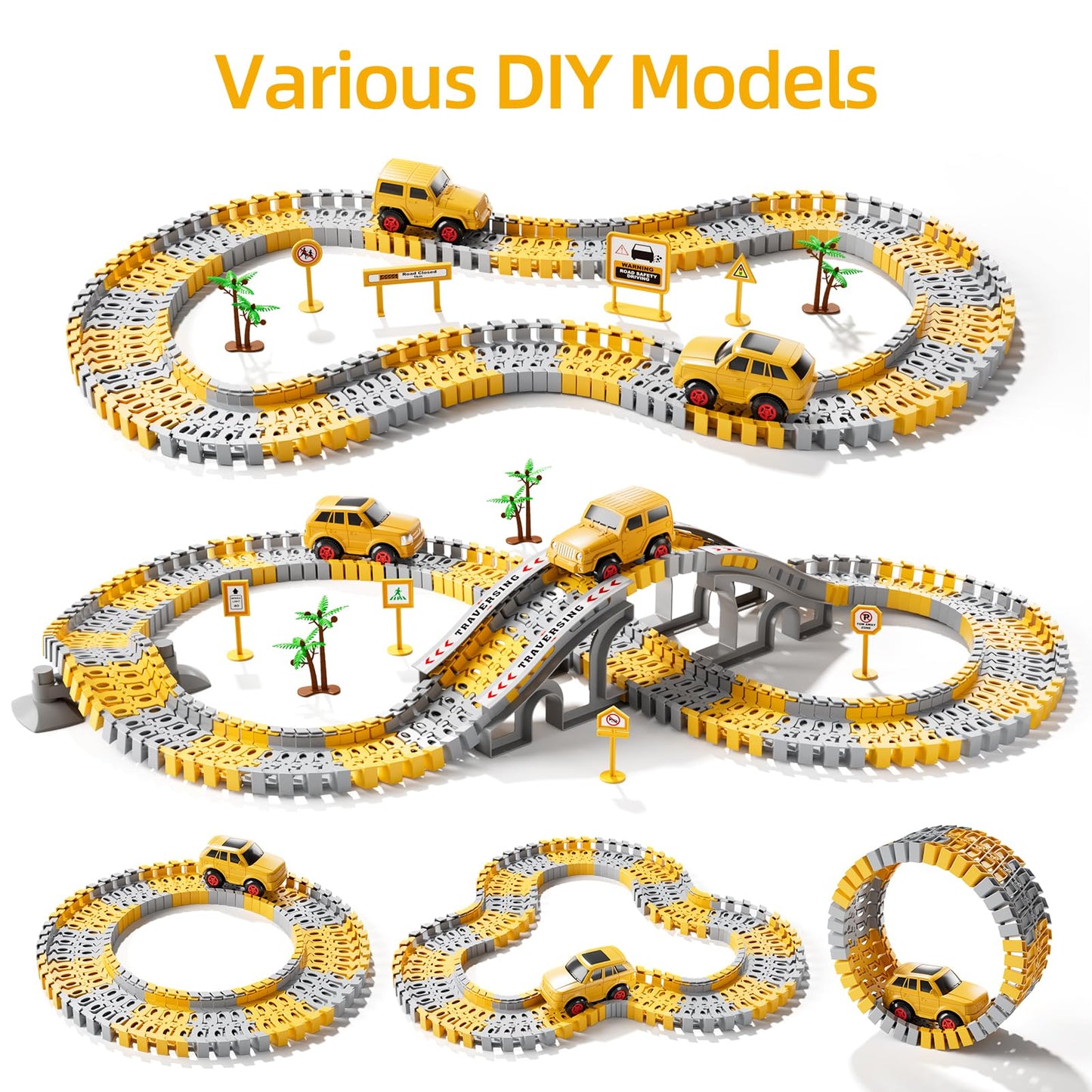 IHaha Toddlers Construction Race Tracks – 2 Electric Cars + 4 Trucks | STEM Building Toys for Boys 3–6