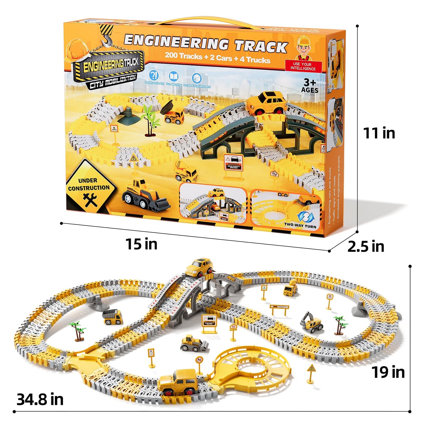 IHaha Toddlers Construction Race Tracks – 2 Electric Cars + 4 Trucks | STEM Building Toys for Boys 3–6