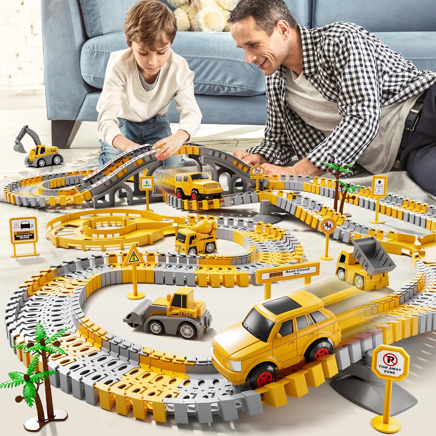 IHaha Toddlers Construction Race Tracks – 2 Electric Cars + 4 Trucks | STEM Building Toys for Boys 3–6