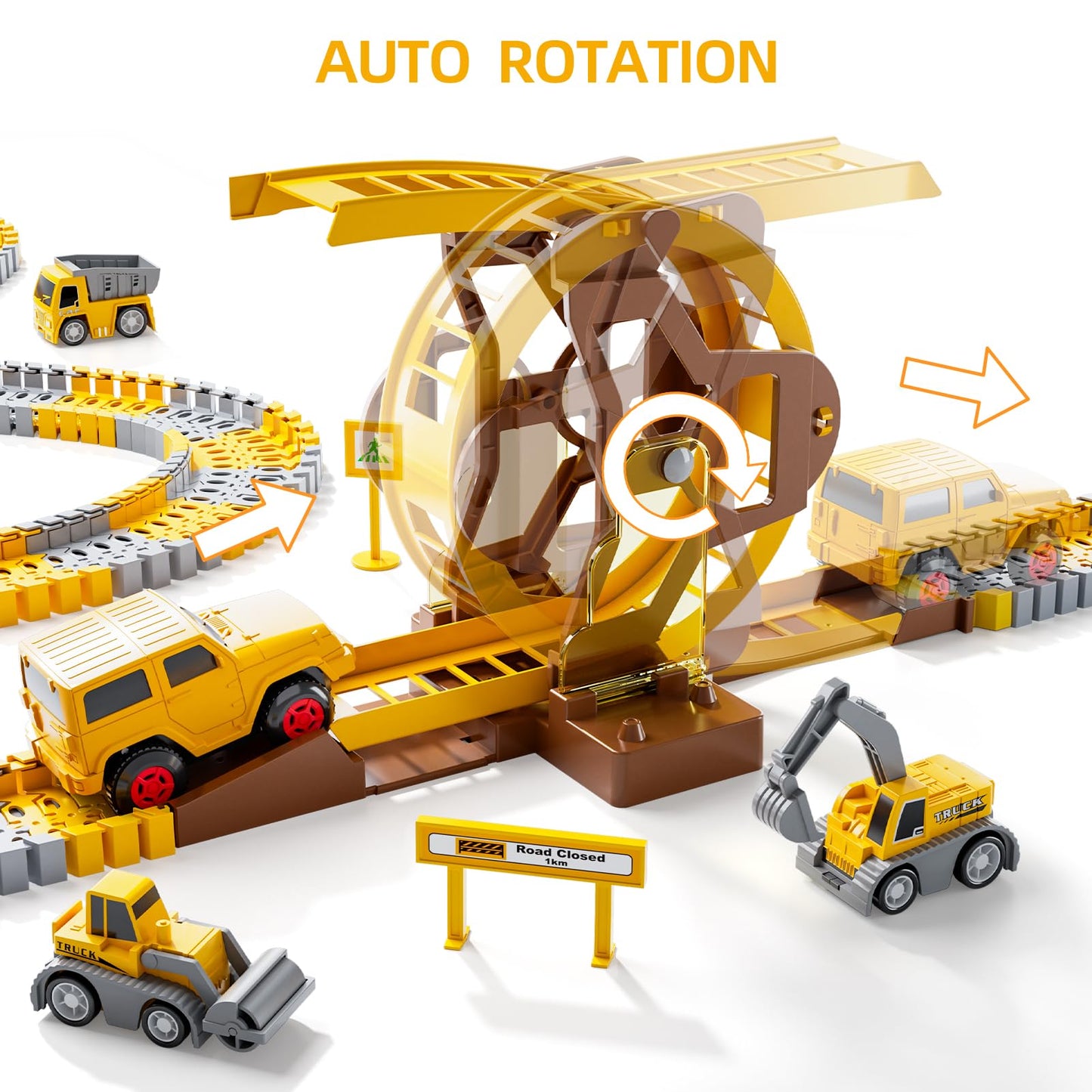iHaHa 299 PCS Construction Race Track Set – 6 Engineering Cars & Flexible Track for 3-6 Year Old Boys
